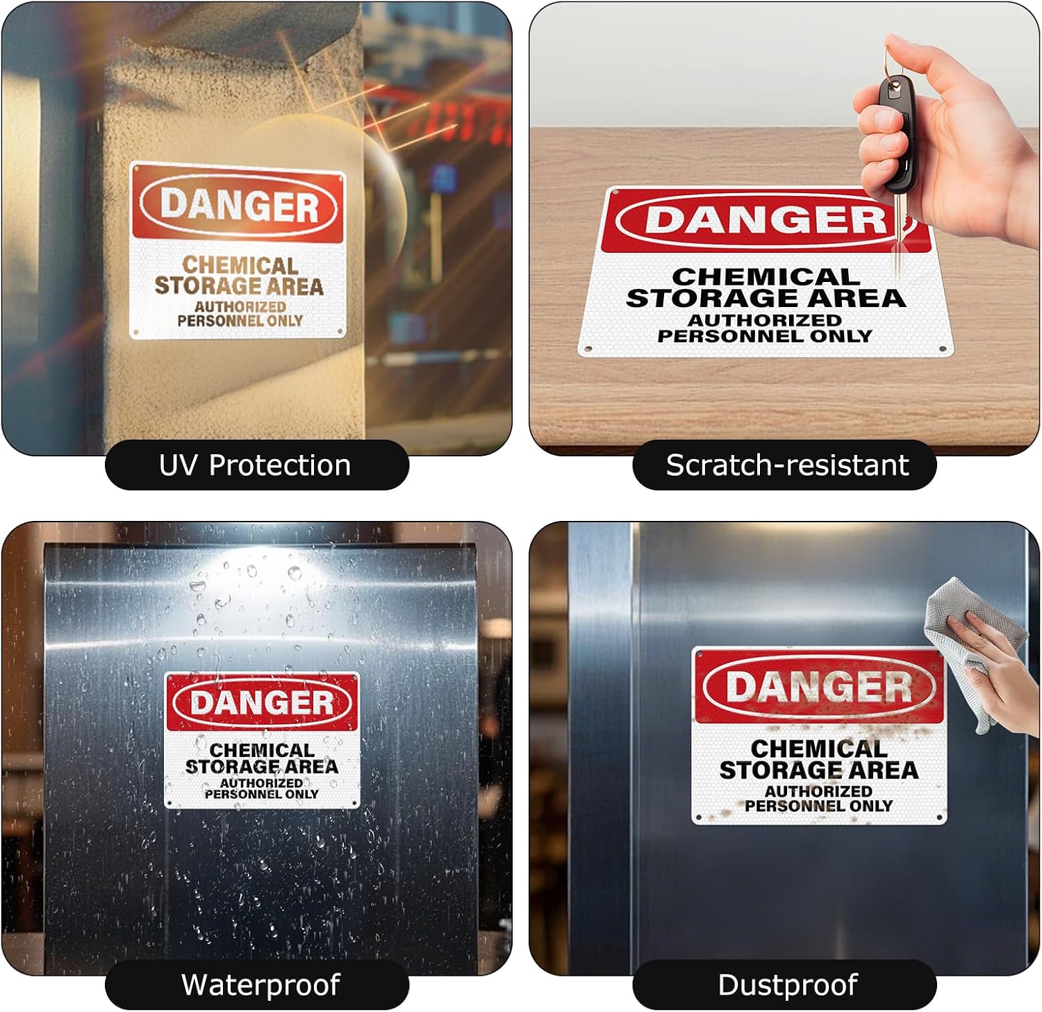 4 Pack Danger Chemical Storage Area Signs 10 × 7 Inches Authorized Personnel Only Sign Pre-Drilled Holes Waterproof Aluminum Metal Reflective Signage for Industrial Facilities Laboratories