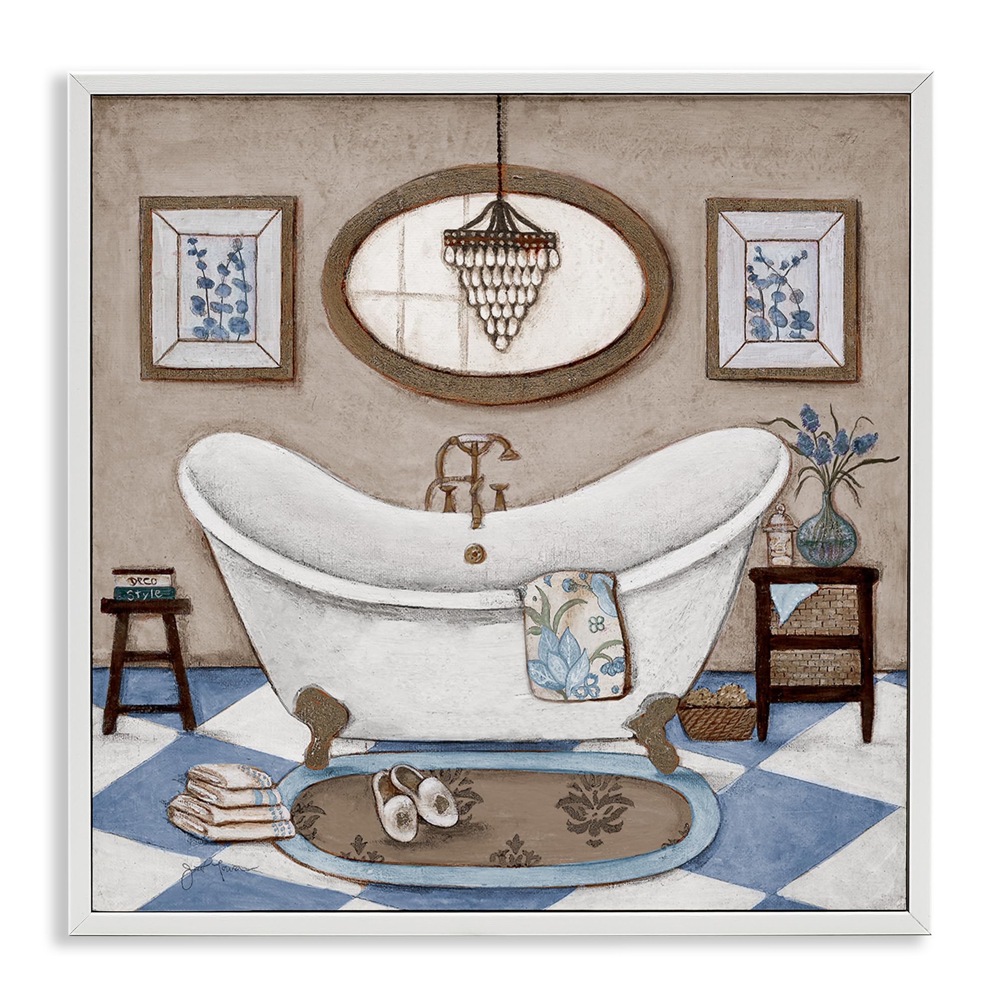 Stupell Industries Coastal White (Textured) 'Checkered Relaxing Bathtub'| Framed Giclee Art