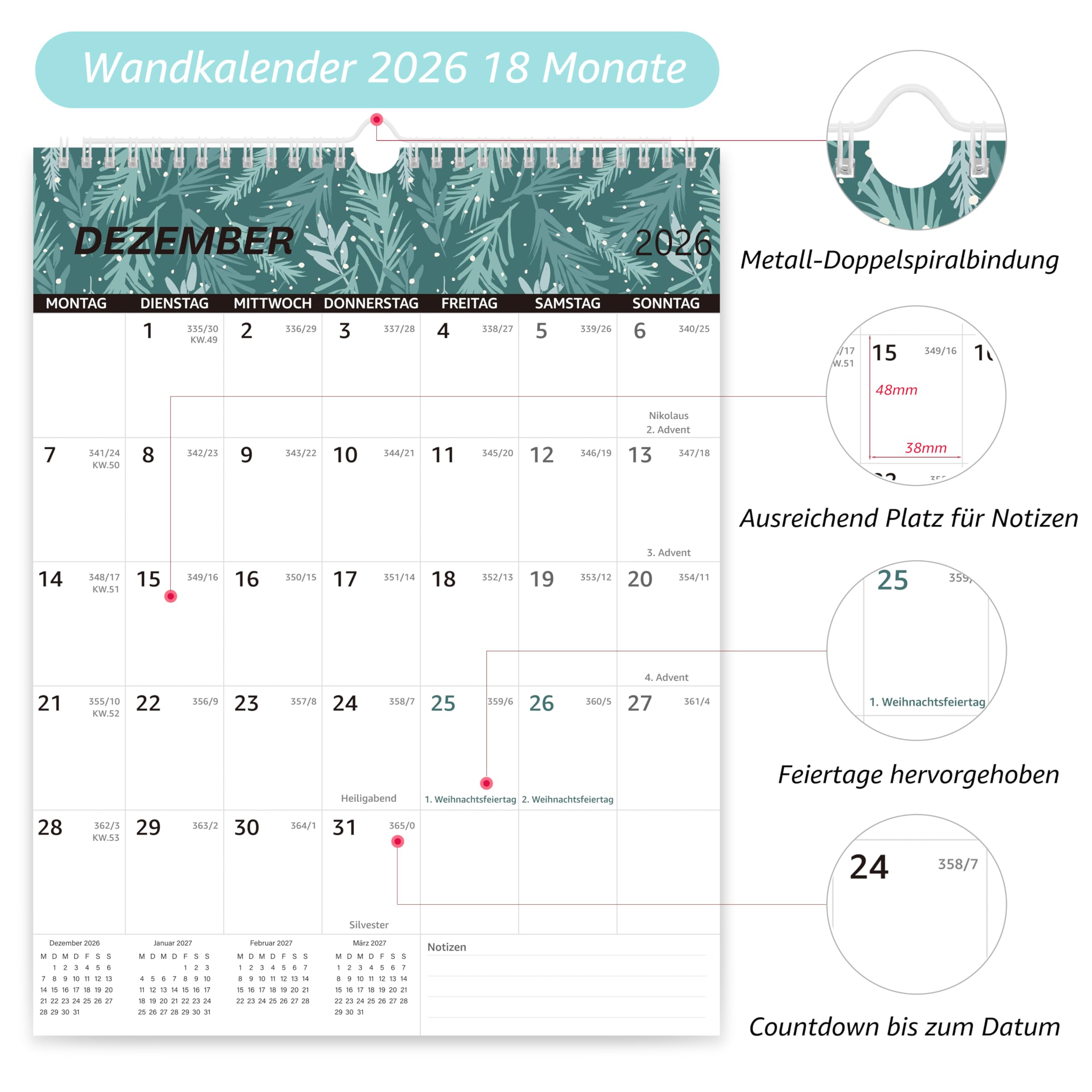 KALENDER 2026/2027 WANDKALENDER A4 18 Monate Familienplaner Papier EUR 18,90 - DE