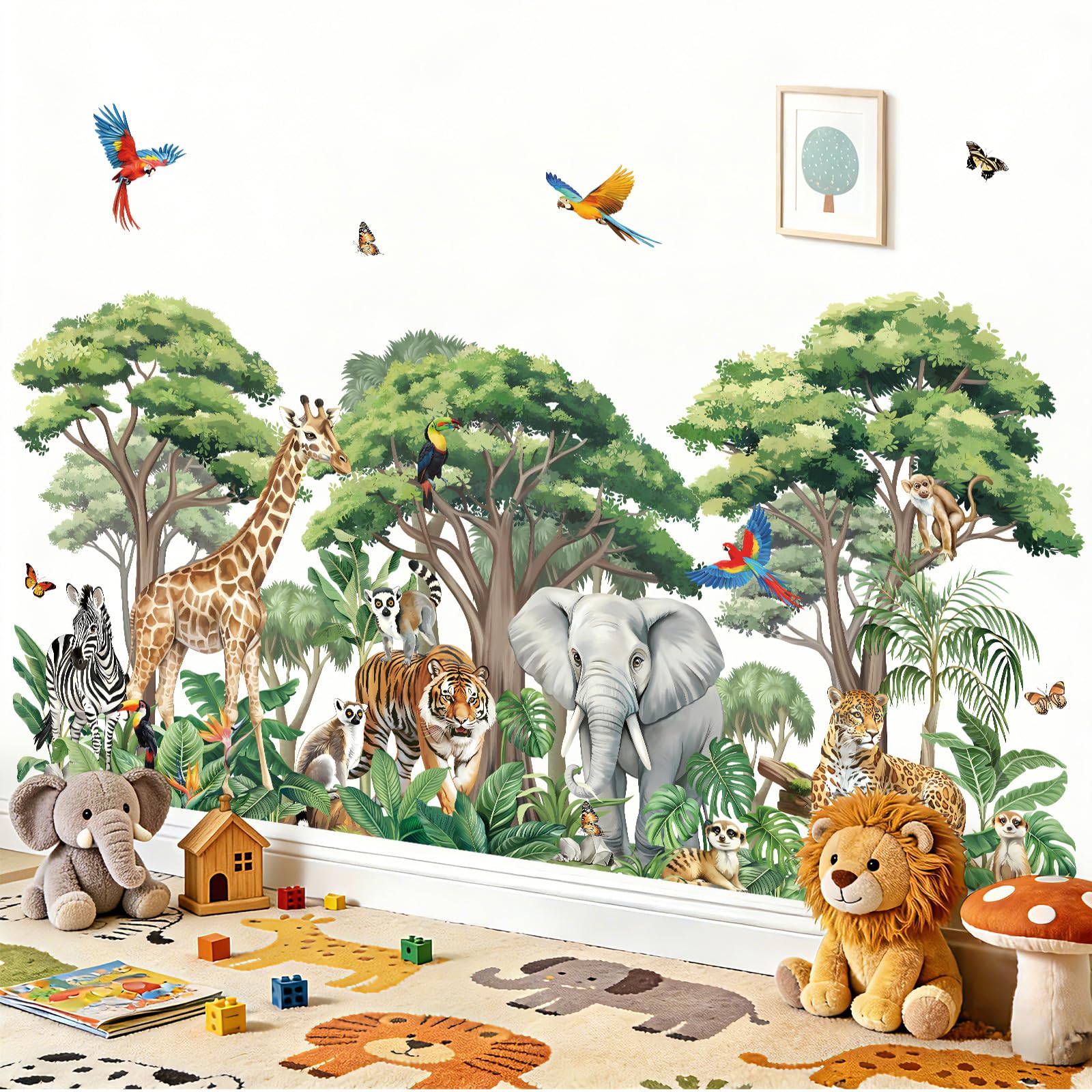 decalmile Large Safari Animals Tree (XXL) Wall Stickers Jungle Animals Giraffe Elephant Tiger Tropical Leaves Wall Decals Baby Nursery Kids Bedroom Playoom Home Decor