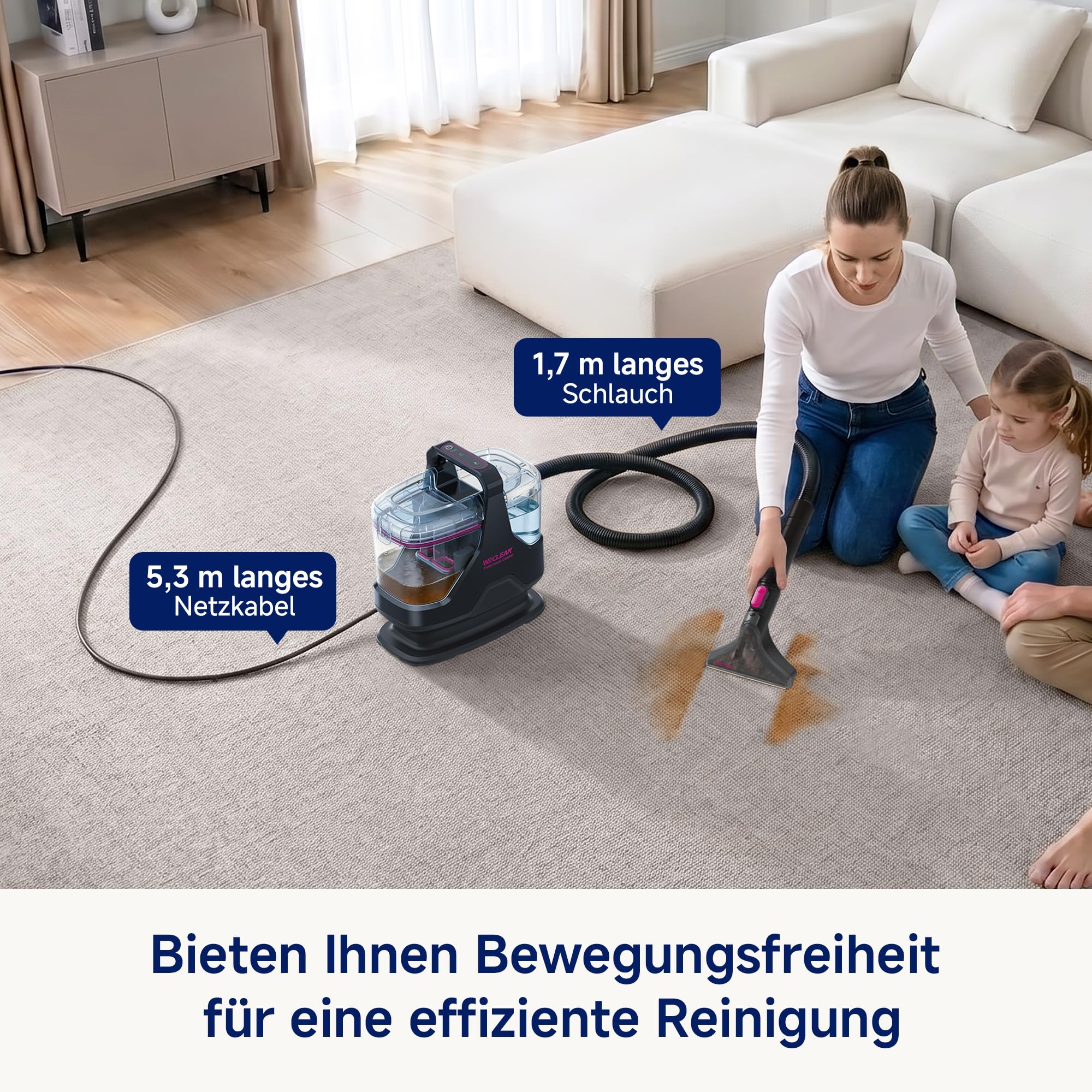 WECLEAN C3 Nasssauger Polsterreiniger Gerät,600W 18KPa Teppichreiniger Waschsauger für Teppiche, Sofas, Treppen, Fenster, Spiegel, Polstermöbel, Autos, Schwarz/Rosa