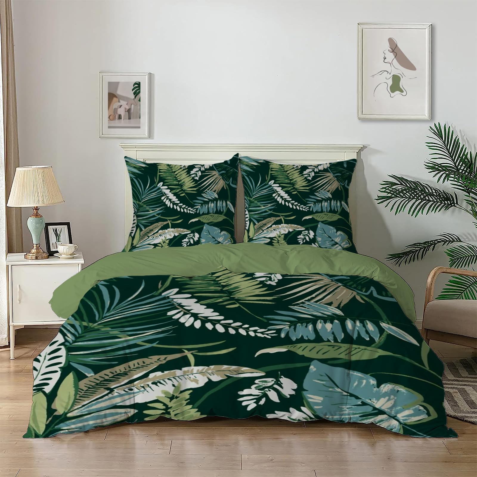 Dyausi Dark Green Duvet Cover Sets Plant Leaves Nature Reversible Superking Size Duvet Cover Sets With Zipper Closure Soft Breathable Microfiber Quilt Cover 260X220cm And Pillowcases For Aldult