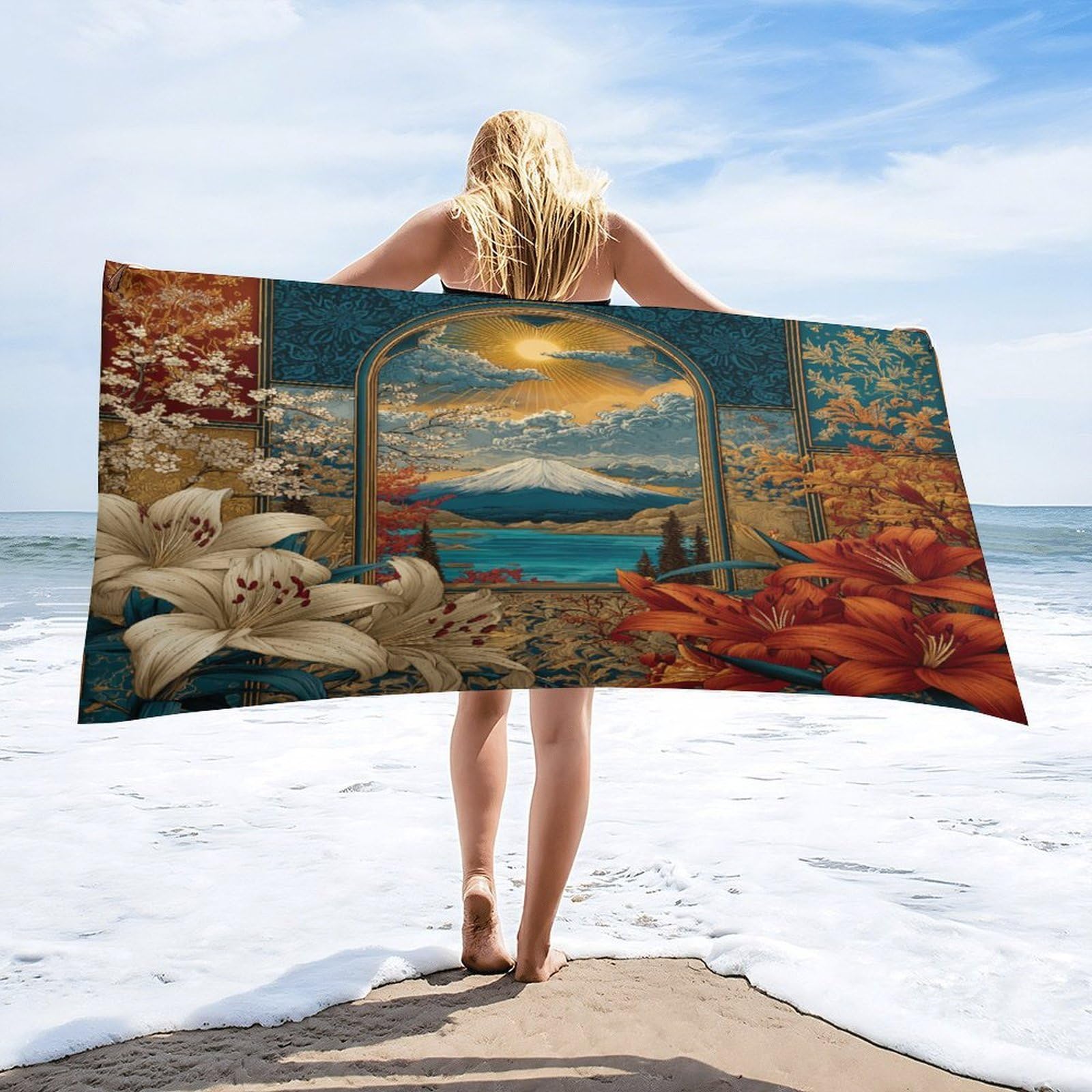 LUYYSKY Fantasy Abstract Sunset Landscape Quick-Drying Beach Towel, Beautiful Realistic Mountain Lake Plant Lily Flowers Travel Vacation Single Sided Pile Bathroom Towels-80 W cm x 160" L cm