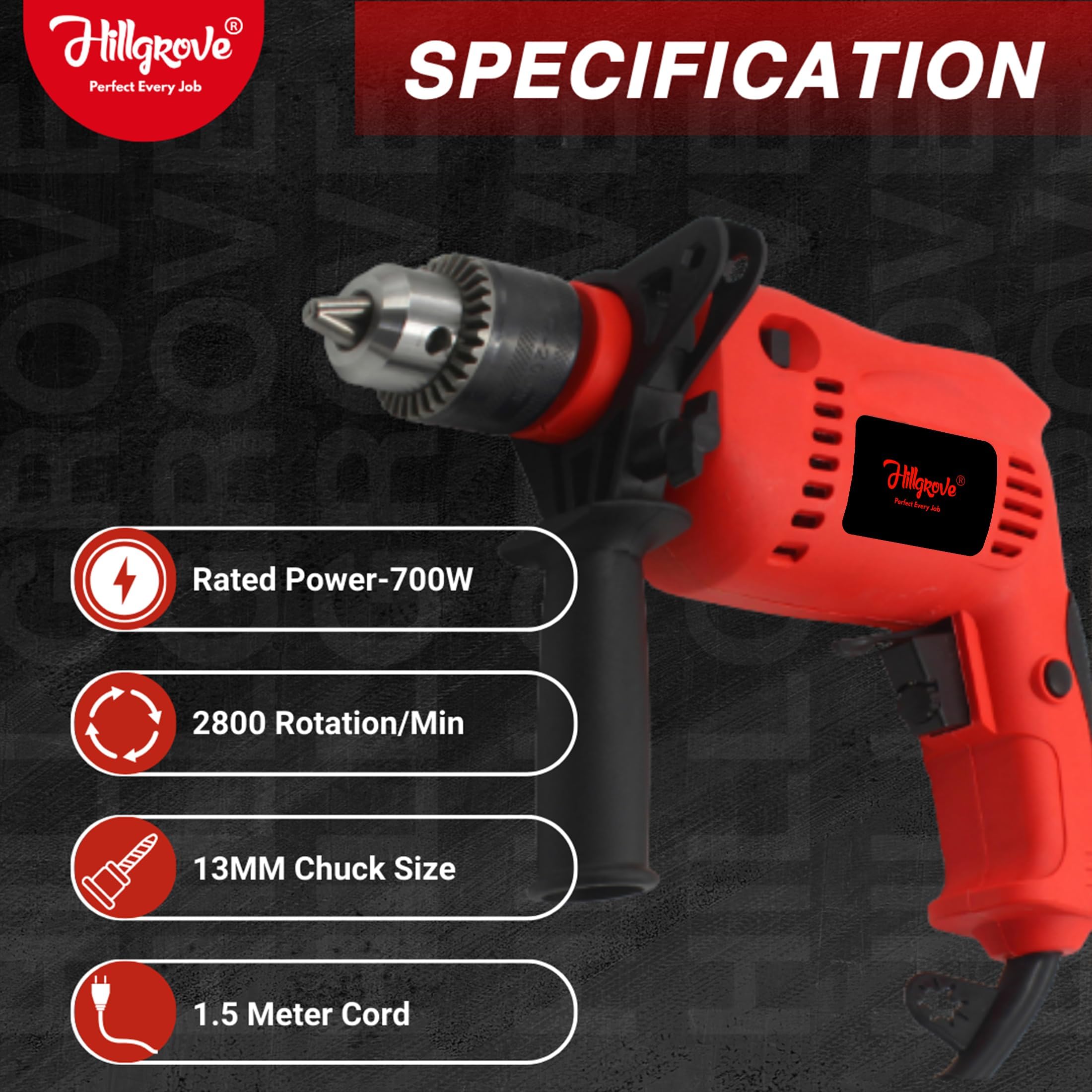 Hillgrove Drill Machine - 700W Power & 9 Drill Bits -3