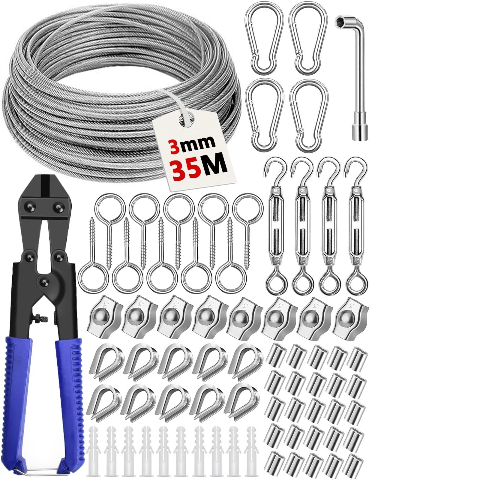 35M Câbles en Acier Inoxydable à Suspendre Kit,304 Cable Inox 3mm avec Tendeur Cable, Serre Cable Acier,Câble en Acier Gainé pour Treillis Plante Grimpante Exterieur,Corde a Linge,Garde Corps