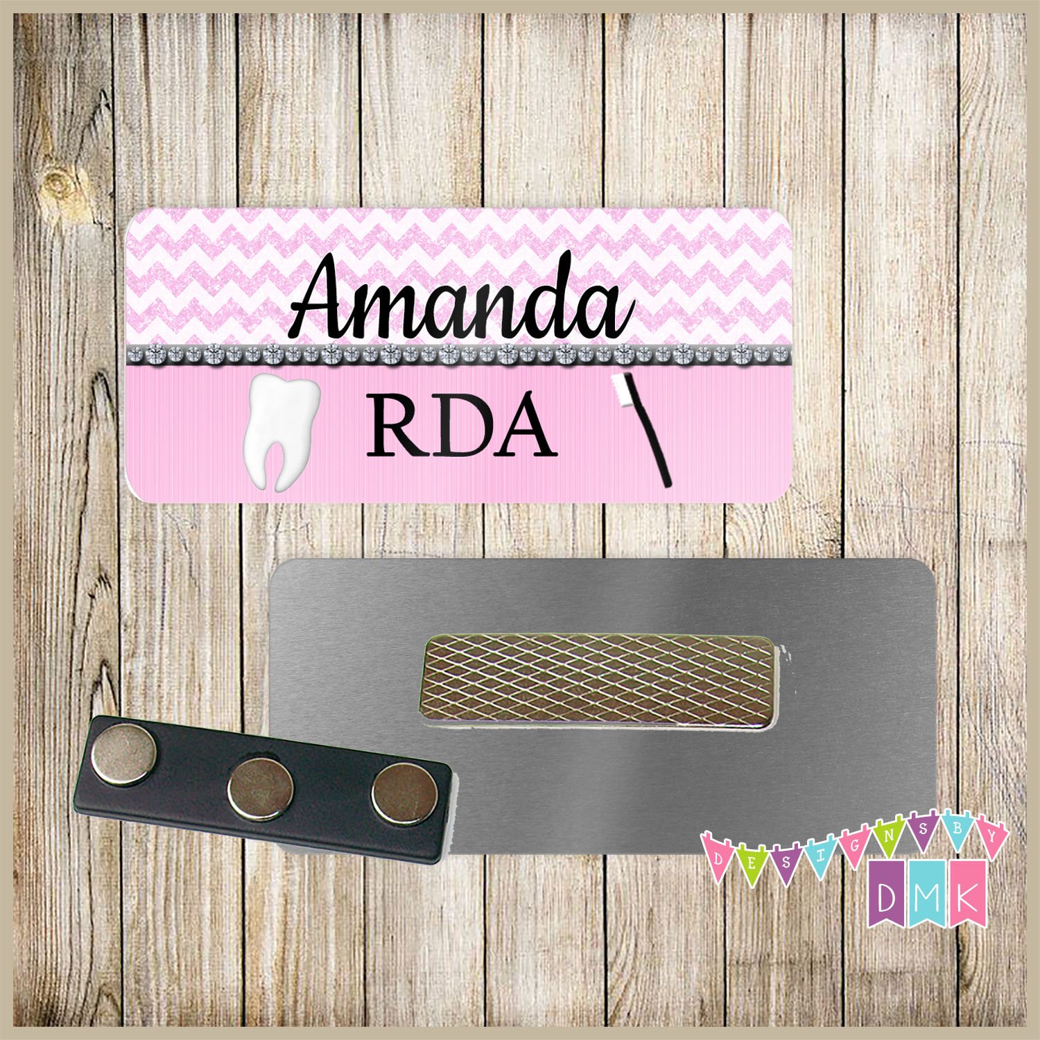 Dental - Light Pink Chevron - Bling - Personalized - Custom Name Tag - 1.25" x 3" 026NT