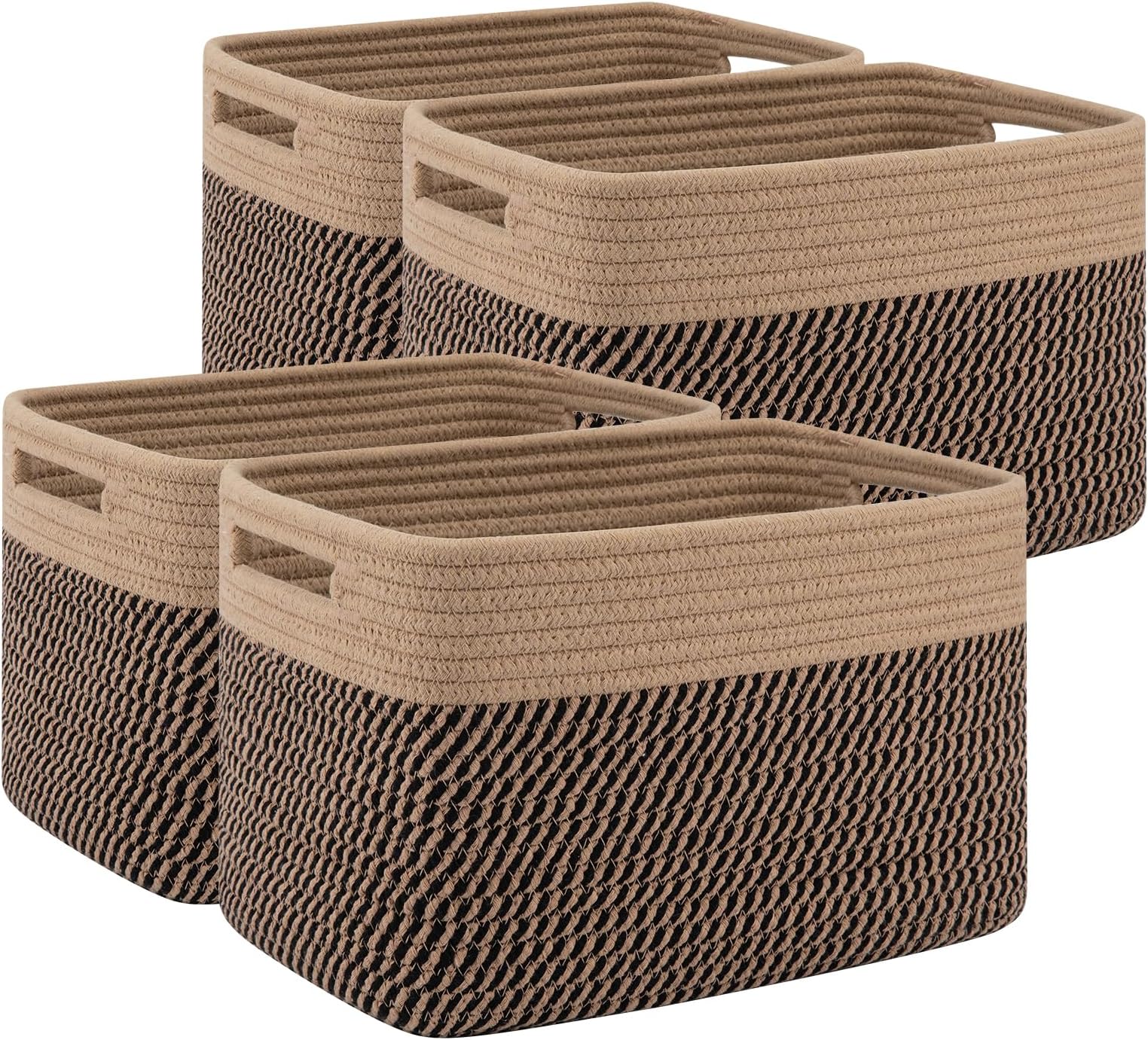 4 Pack Shelf Baskets for Organizing Home - Perfect for Toys, Books, and Clothes, Versatile Woven Storage Baskets with Handles, Cube Storage Bins, 13''L x9''W x7.8''H, Black and Brown