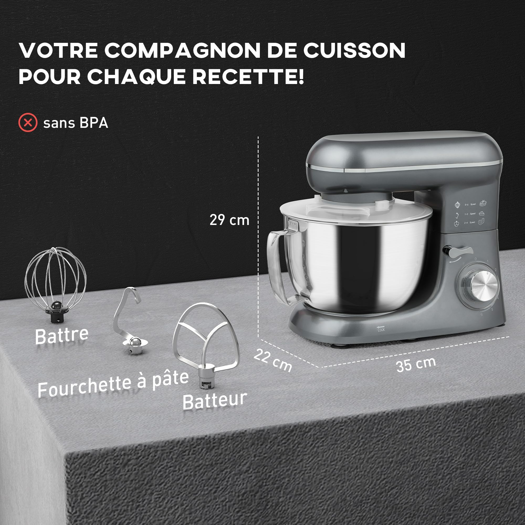 HOMCOM Robot Pâtissier 1300 W, Robot Pétrin Professionnel 4,5 L, Bol d'Acier Inoxydable, 6+P Vitesses et Pulse, Tête Inclinable, Crochet à Pâte, Fouet, Batteur, Spatule, Pare-Éclaboussures, Argent