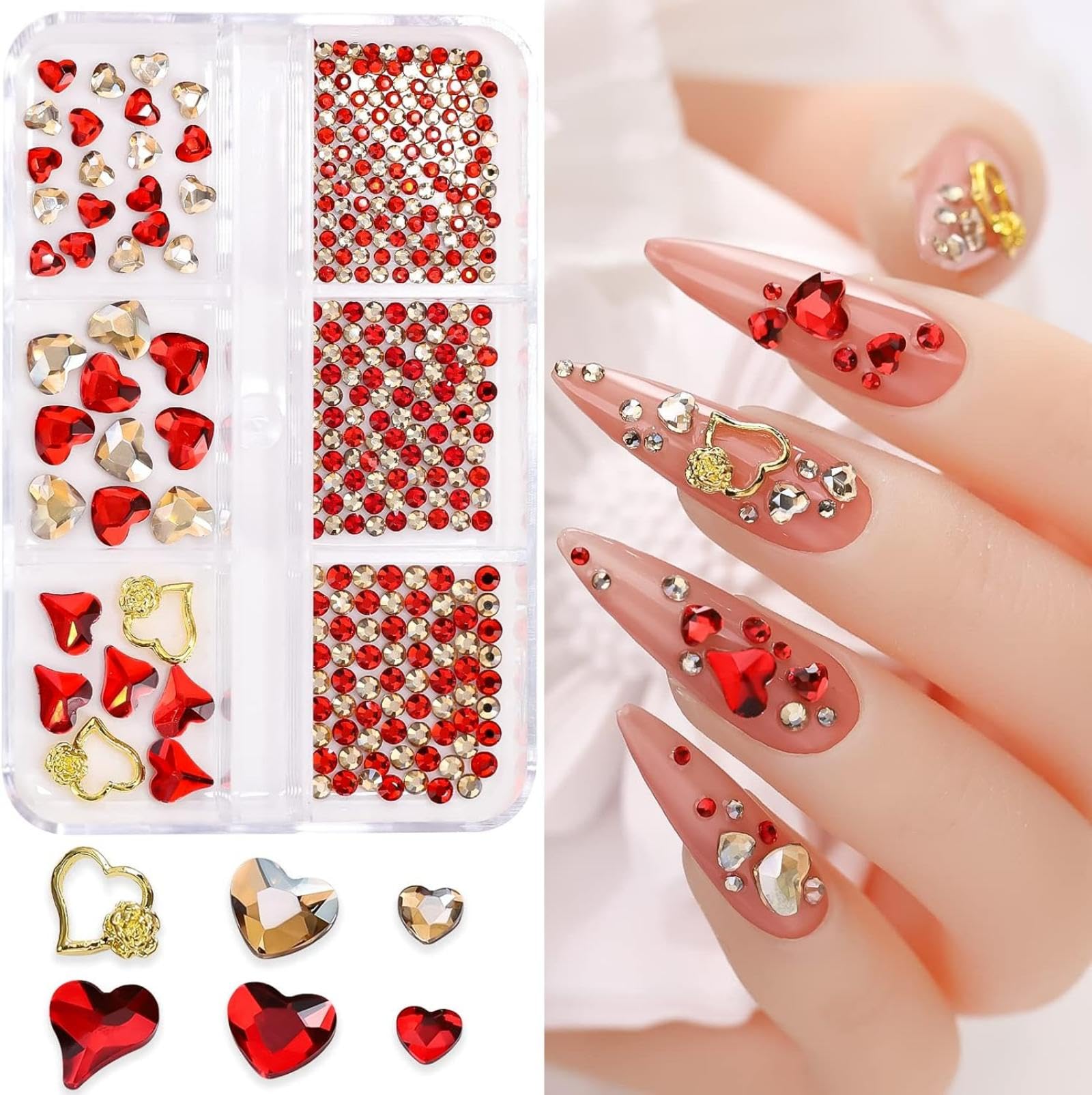 6Girds 767PCS 3D Red Heart Nail Art Charms Love Gems Glitter Decoration Red Valentine's Day Nail Heart Round Diamond Frame Studs Metal Rhinestones for