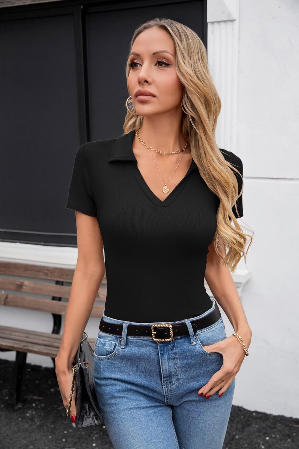 VICHYIE Womens Short Sleeve Shirts Lapel Collared V Neck Slim Fitted Ribbed Knit Tight Polo Tops - Image 6