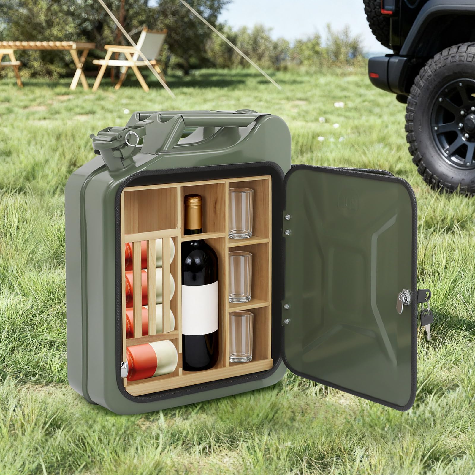 Bidon en métal, mini bar verrouillable avec compartiments en bois, cadeau pour homme, bar mobile, 35 x 15,5 x 47 cm