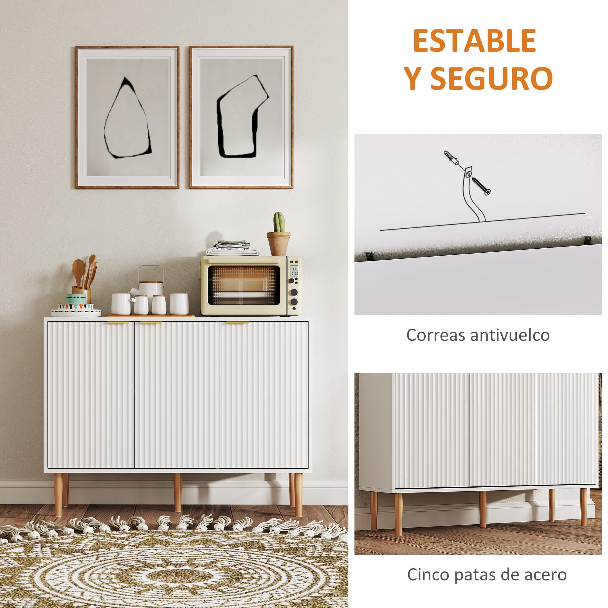 HOMCOM Aparador de 3 Puertas Acanaladas de Salón 107x35x80 cm Blanco | Estante Ajustable, Mueble para TV, Dormitorio, Sala de Estar
