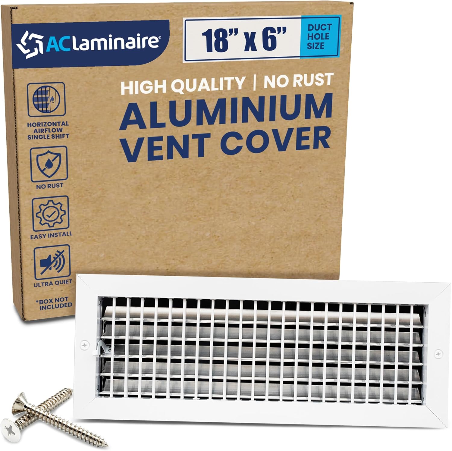 18" x 6" Duct Hole Aluminum Single Deflection Adjustable Air Supply Register, Decorative HVAC Vent Cover, Ceiling & Wall AC Deflector, Heating & Cooling Supply with Multi-Shutter Damper – ACLAMINAIRE 18” x 6” Duct Hole