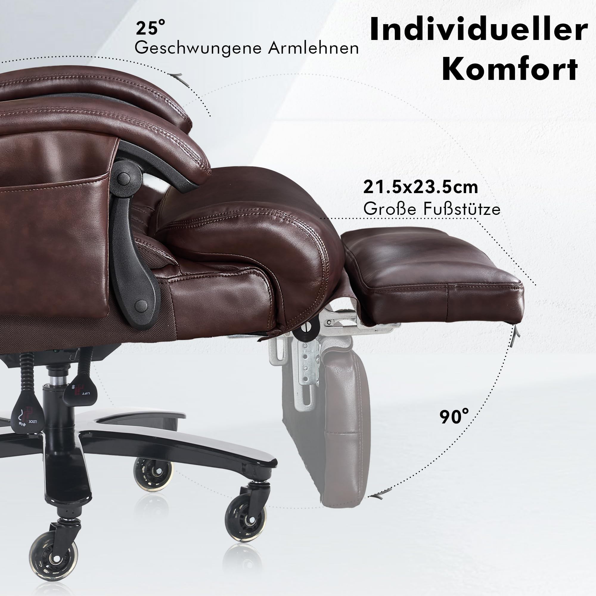DEKKETO Bürostuhl Ergonomisch mit Fußstütze, Leder Chefsessel mit Massagefunktion, Verstellbare Kopfstütze und Lendenstütze, Rückenlehne, Drehstuhl mit Staufächern, Braun