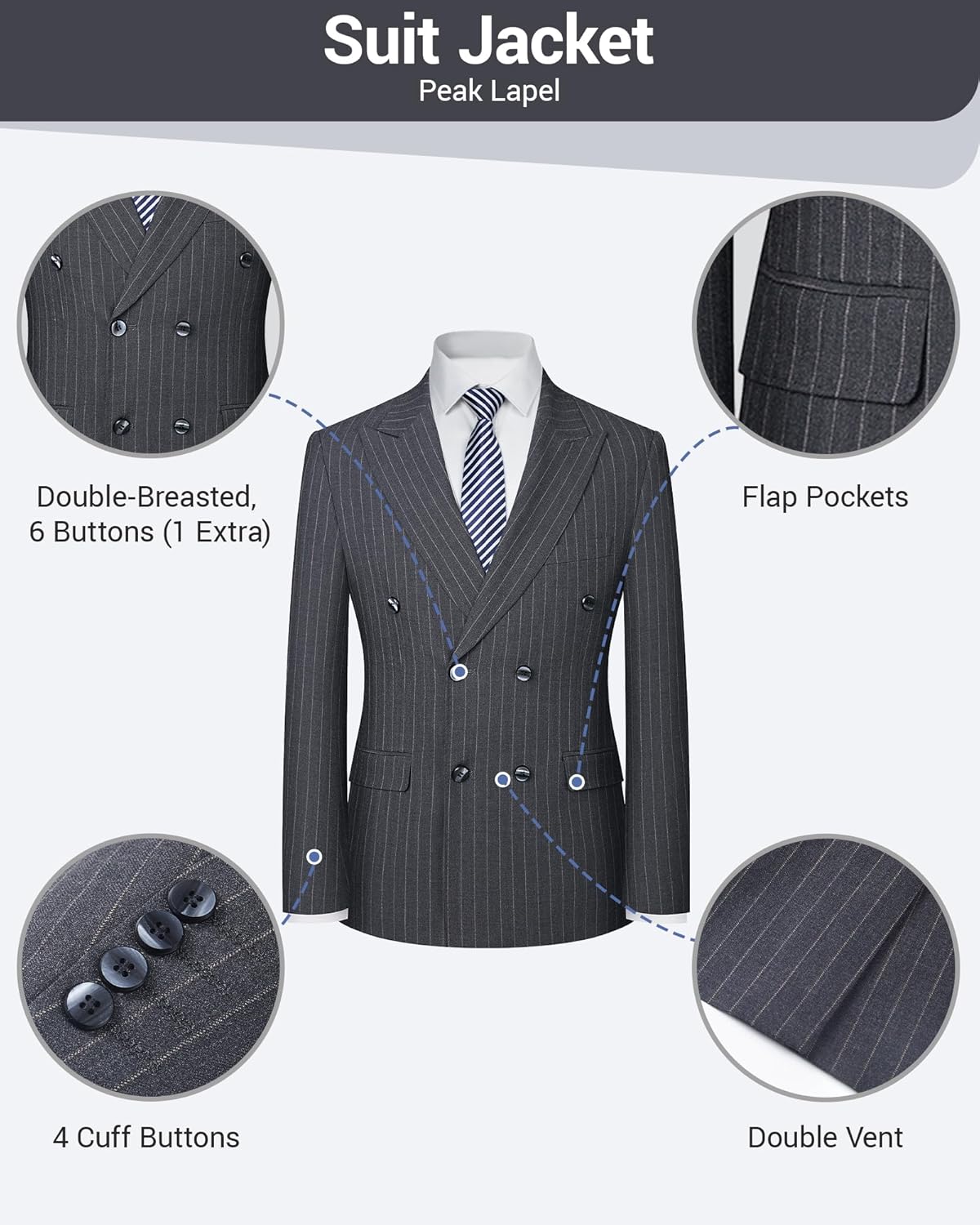 Men's Double Breasted Slim Fit Wedding Suit, 2-Piece Peak Lapel Stretch Washable Fo... - Image 3