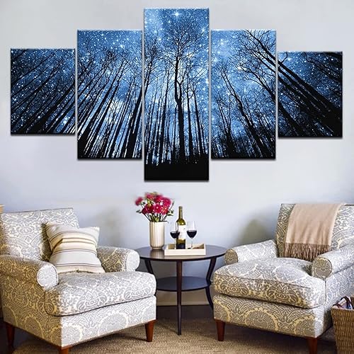 Miniatura 2 de 5 piezas de arte de pared en lienzo para sala de estar, bosque en noche estrellada, hermoso inicio, cielo, naturaleza, paisaje, pintura HD para