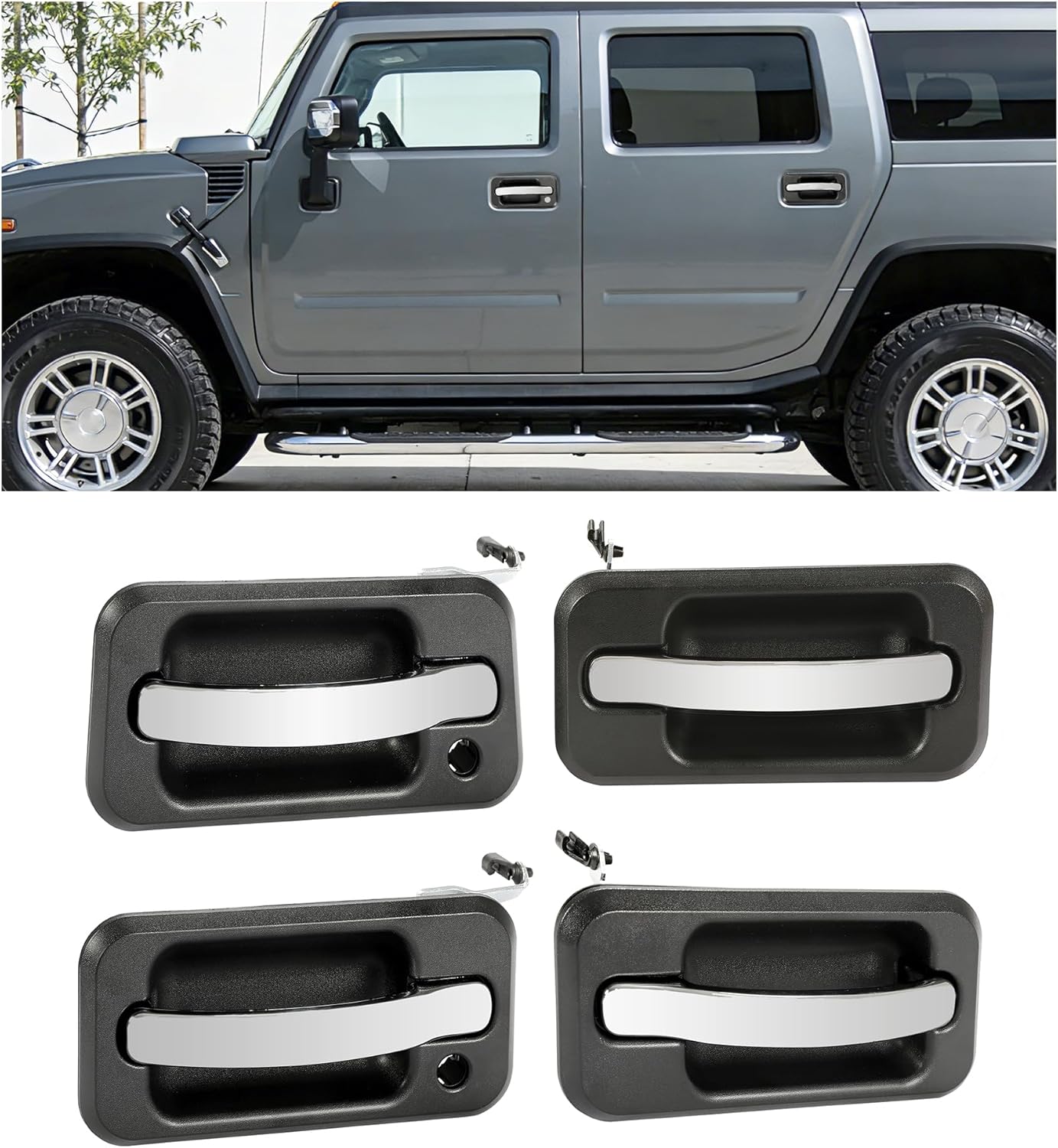 HECASA 4Pcs Exterior Door Handle Compatible with 2003-2009 Hummer H2 Base Replacement for HU1311101 HU1310101 HU1521101 HU1520101 Front & Rear Driver Passenger Side (Chrome Lever & Black Housing)