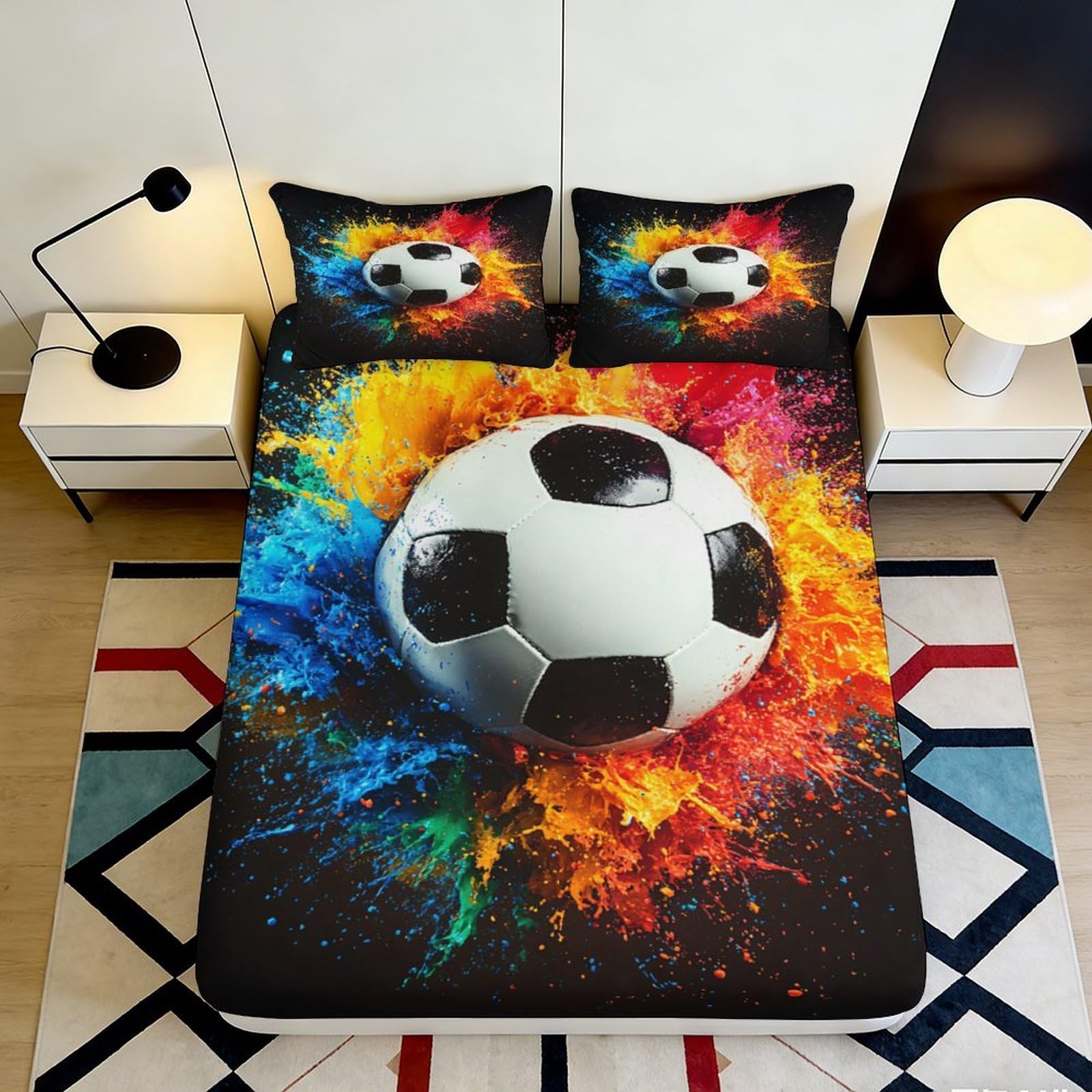 Pnayamiorkfel Style-6 3D Printed Color Splash Soccer Fitted Sheet Microfiber Soft Vibrant Football Mattress Cover For Bedroom Dorm Decor 90X200x25cm