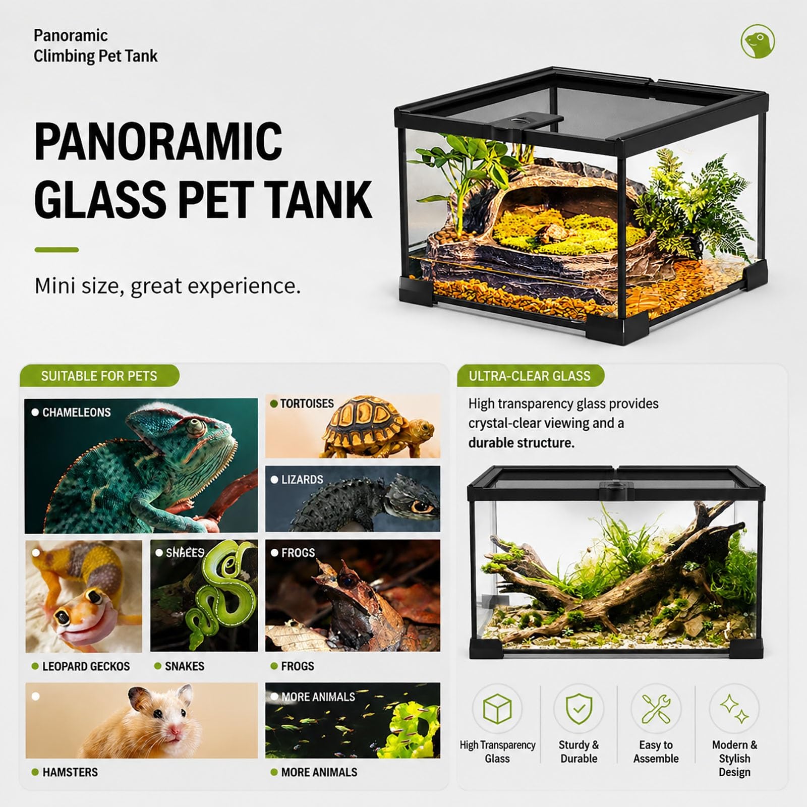 Terrario in Vetro per Rettili, Teca Trasparente con Coperchio Ventilato in Rete, Habitat Sicuro per Gecko, Lucertole, Serpenti, Ragni, Anfibi e Insetti(Small)