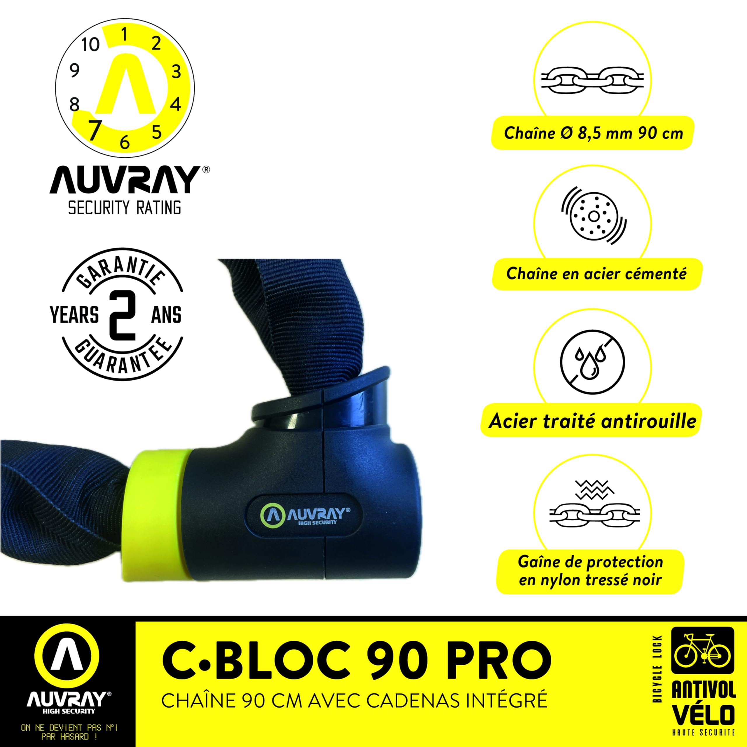 AUVRAY - Antivol vélo chaîne C·BLOC 90 PRO - Certifié ART 4234 - Niveau de sécurité 7/10 - Recommandé par les Assureurs - Chaîne acier cémenté Ø8,5mm - Longueur 90cm - Cadenas intégré haute sécurité