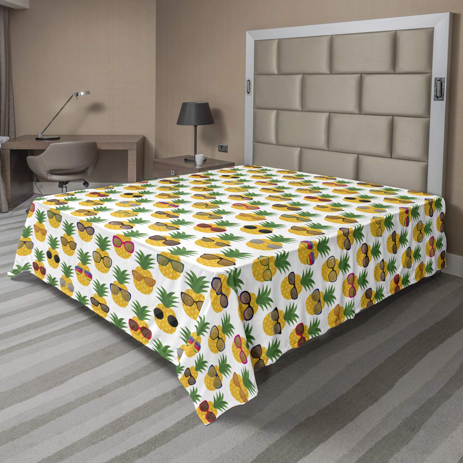 Ambesonne Tropical Flat Sheet, Pineapples Wearing Sunglasses Funny Arrangement with Exotic Fruits Illustration, Soft and Comfortable Top Sheet Decorative Bedding 1 Piece, Full Size, Multicolor