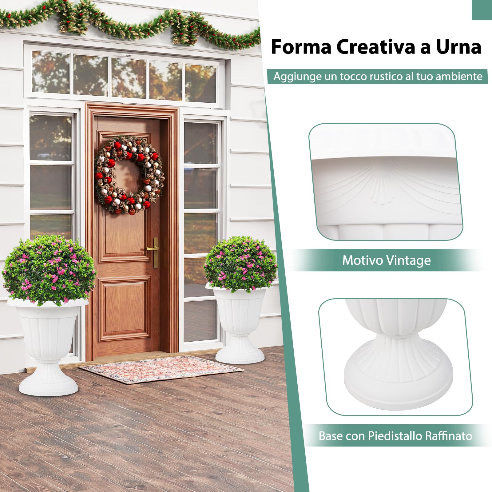 RELAX4LIFE Fioriera da Esterno, Set di 2 Vasi per Piante a Forma di Urna con Base a Piedistallo e Foro di Drenaggio, Fioriera in Plastica per Giardino, Balcone e Ingresso (Bianco, 46,5cm)