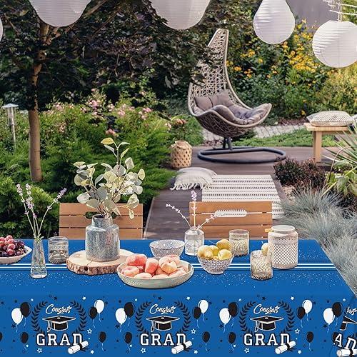 Miniatura 6 de Tevxj 3 manteles de plástico azul para fiesta de graduación, clase de 2023, rectangulares, 54 x 108 pulgadas, reutilizables, impermeables,