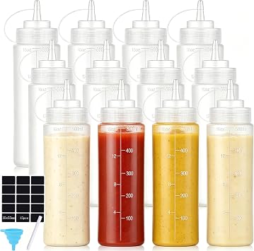 12 Pack 500 ml Plastic Squeeze Condiment Bottles with Twist On Cap Lids