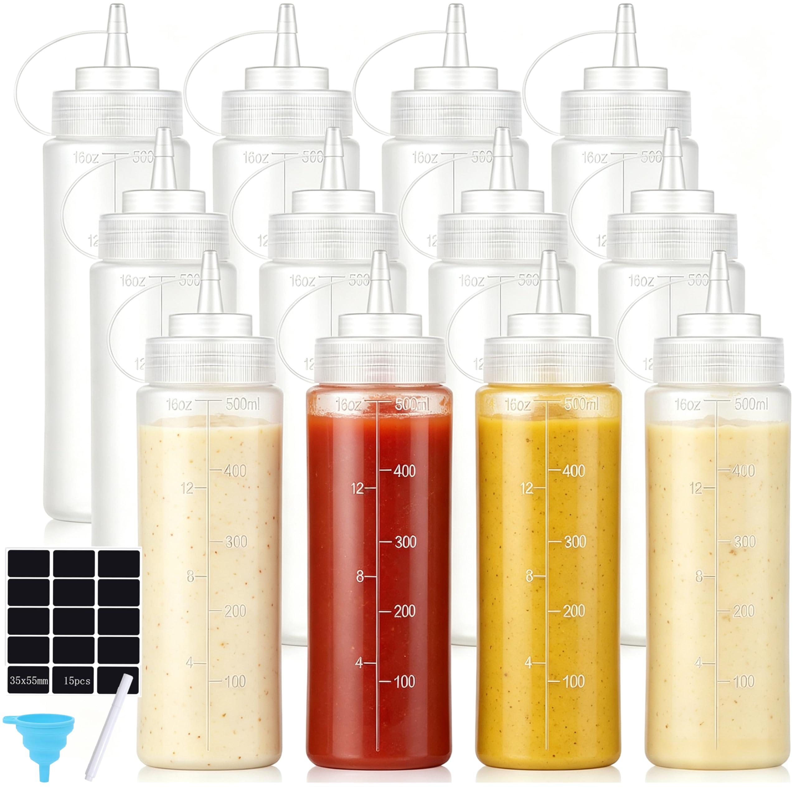 12 Pack 500 ml Plastic Squeeze Condiment Bottles with Twist On Cap Lids