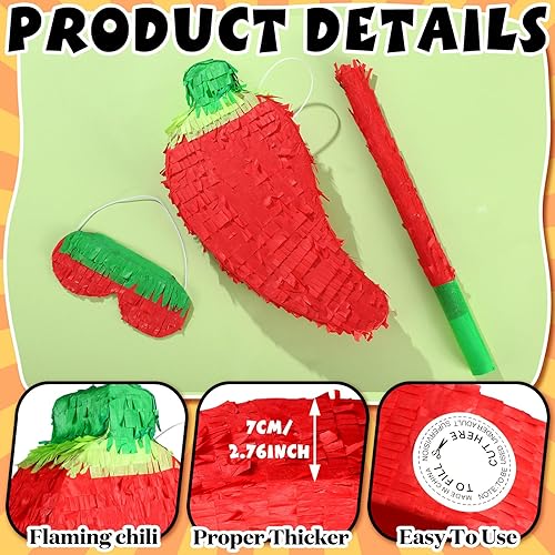 Miniatura 6 de Meooeck Piñata de chile rojo con palito de piñata y venda, piñata divertida para fiesta de festivales de pimiento picante, decoración de fiesta de