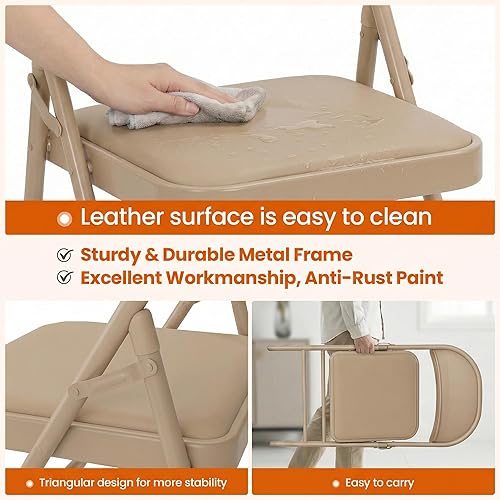 Miniatura 5 de Paquete de 6 sillas plegables color caqui, sillas plegables acolchadas con asiento y respaldo de piel sintética, sillas plegables de metal