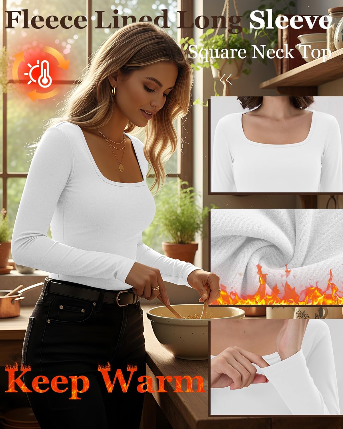 Huukeay 3 Pack Women's Thermal Long Sleeve Shirts Fleece Lined Square Neck Fitted Warm Winter Tops Base Layer Underwear - Image 4