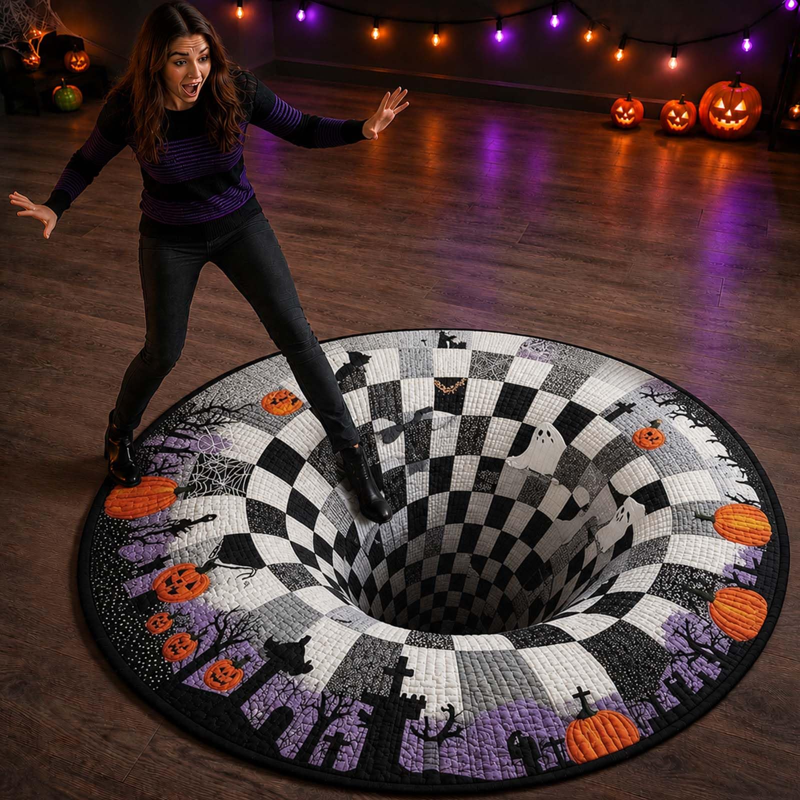 3d Optical Illusion Skeleton Vortex Quilted Round Halloween Rugs,3d Deep Vortex Illusion Halloween Rug,Non-Slip Indoor Floor Decor For Party Room (D,15.6in)