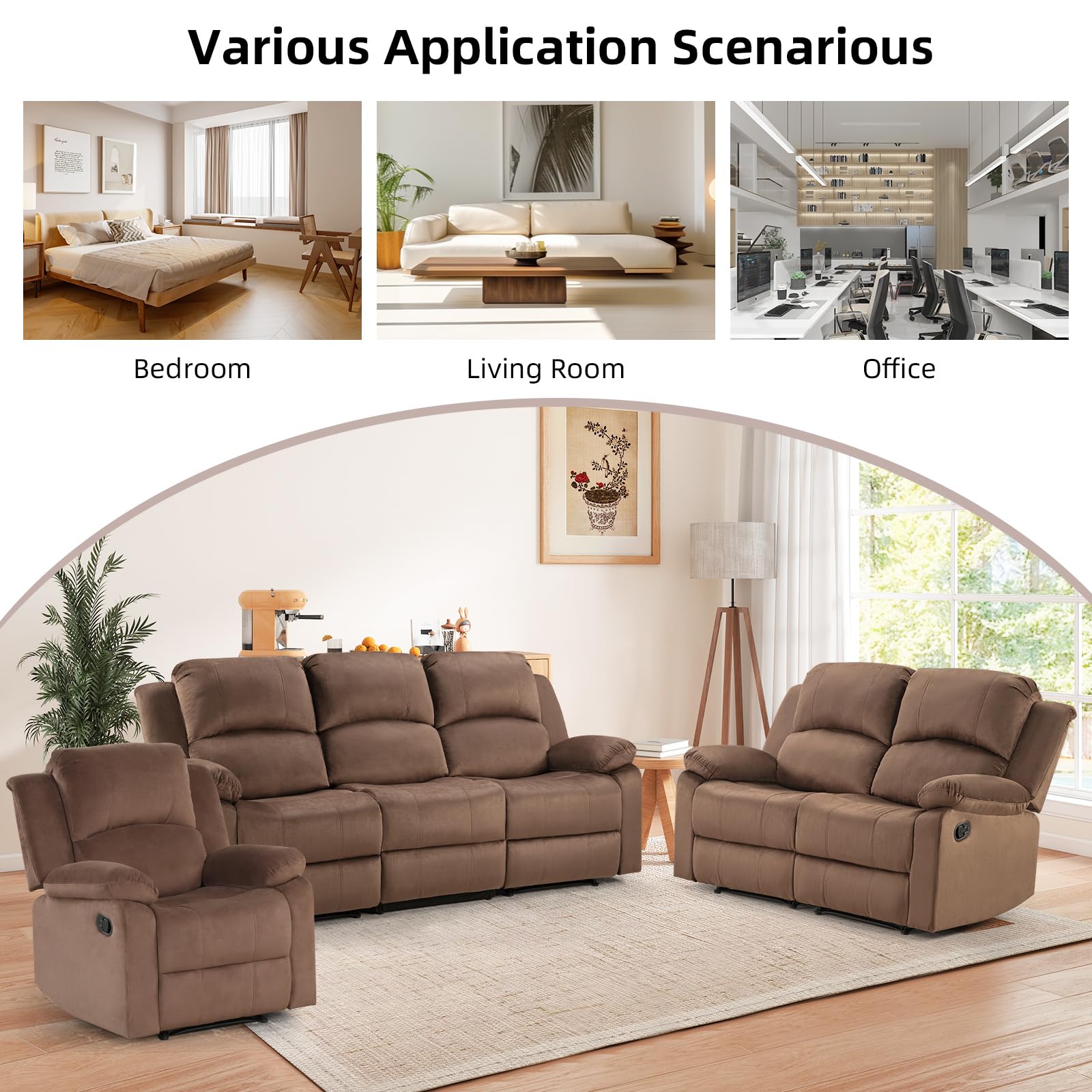 EBELLO Manual Recliner Sofa Set, Microfiber Reclining Couch Furniture Set for Living Room, Includes 1 Recliner Chair, 1 Loveseat Sofa and 1 3-Seater Reclining Couch, Brown view 7