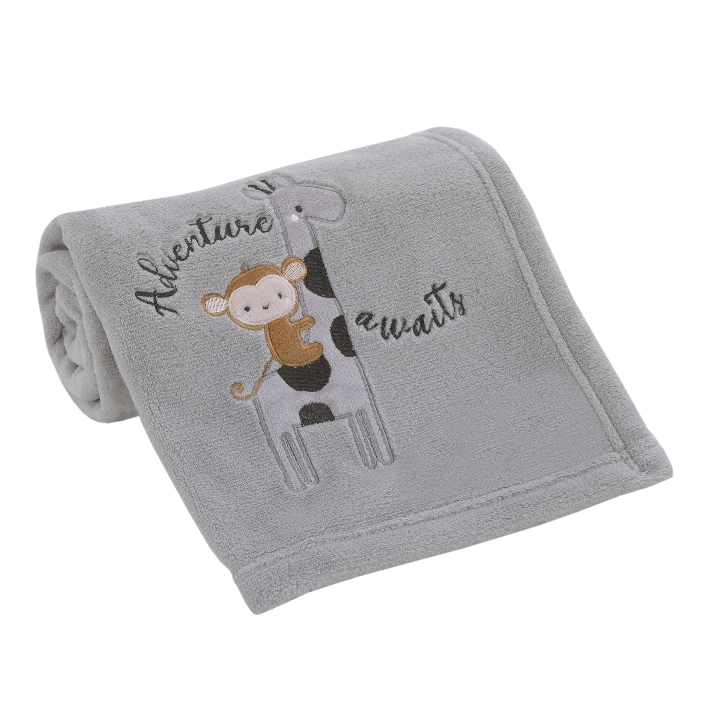 NoJoJungle Ride Grey & Tan, Adventure Awaits Monkey & Giraffe Applique Super Soft Baby Blanket, Grey, Tan