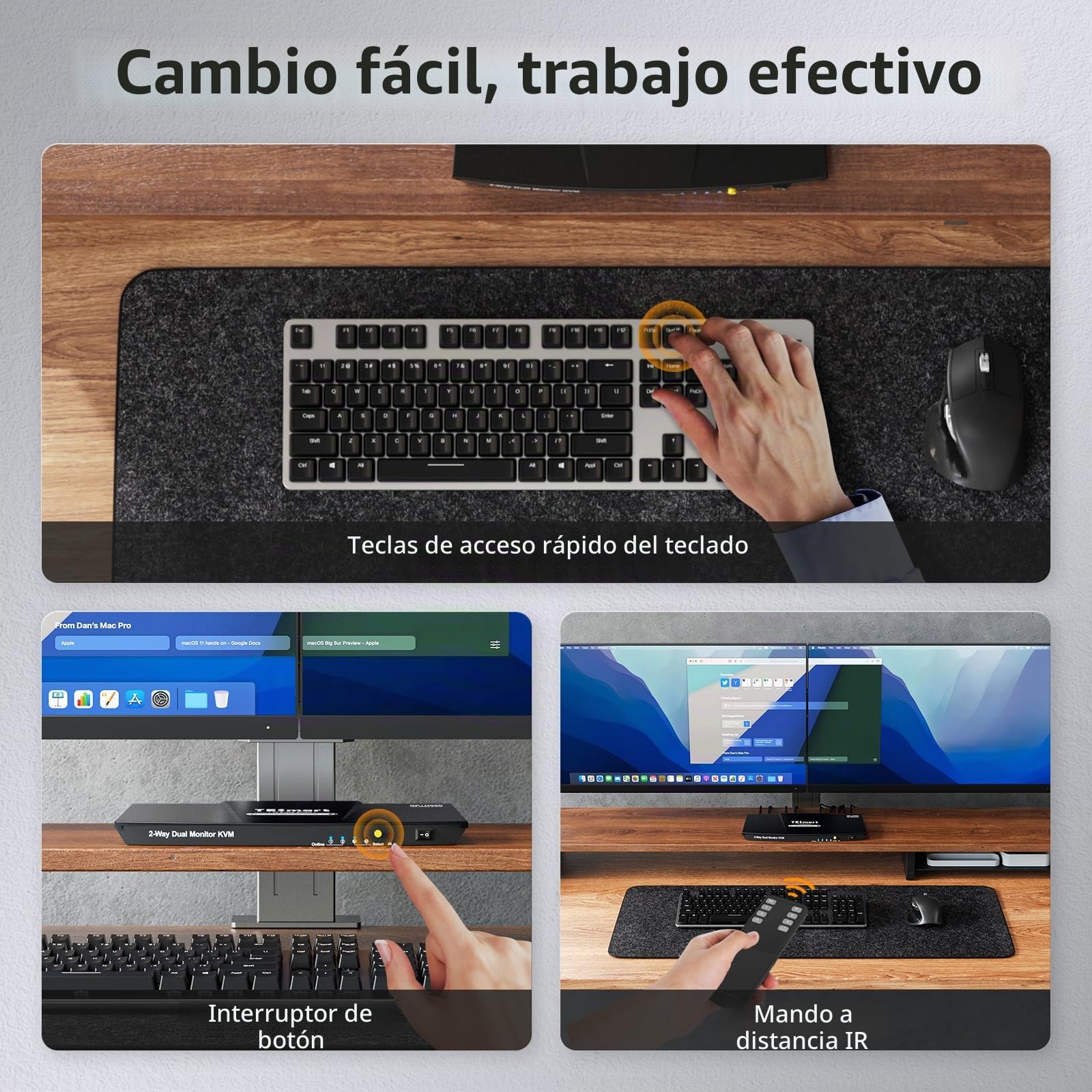 TESmart DisplayPort HDMI KVM Switch 2 PC 2 Monitor, 4K 60Hz Conmutador EDID, Audio, 3x USB para Scanner Impresora Teclado Ratón, Hotkey KVM Switch Dual Monitor, con Cables DP/KVM, Control Remoto IR