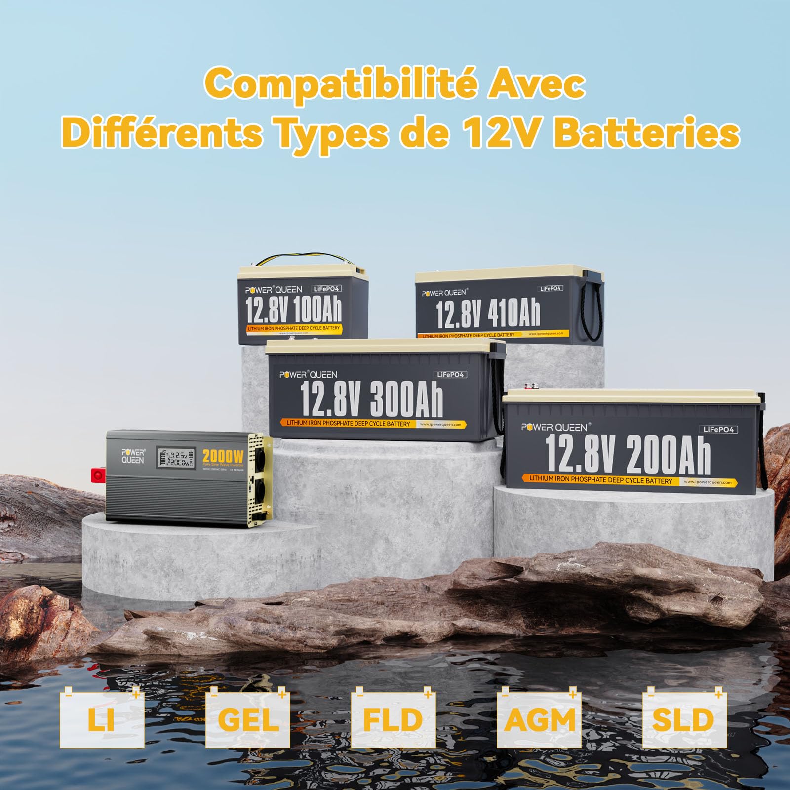 Power Queen 2000W Onde sinusoïdale pure, onduleur solaire 12V DC vers 110V-120V AC convertisseur avec 2 sorties AC, affichage LCD pour système d'alimentation solaire hors-réseau, RV, camion, appareils