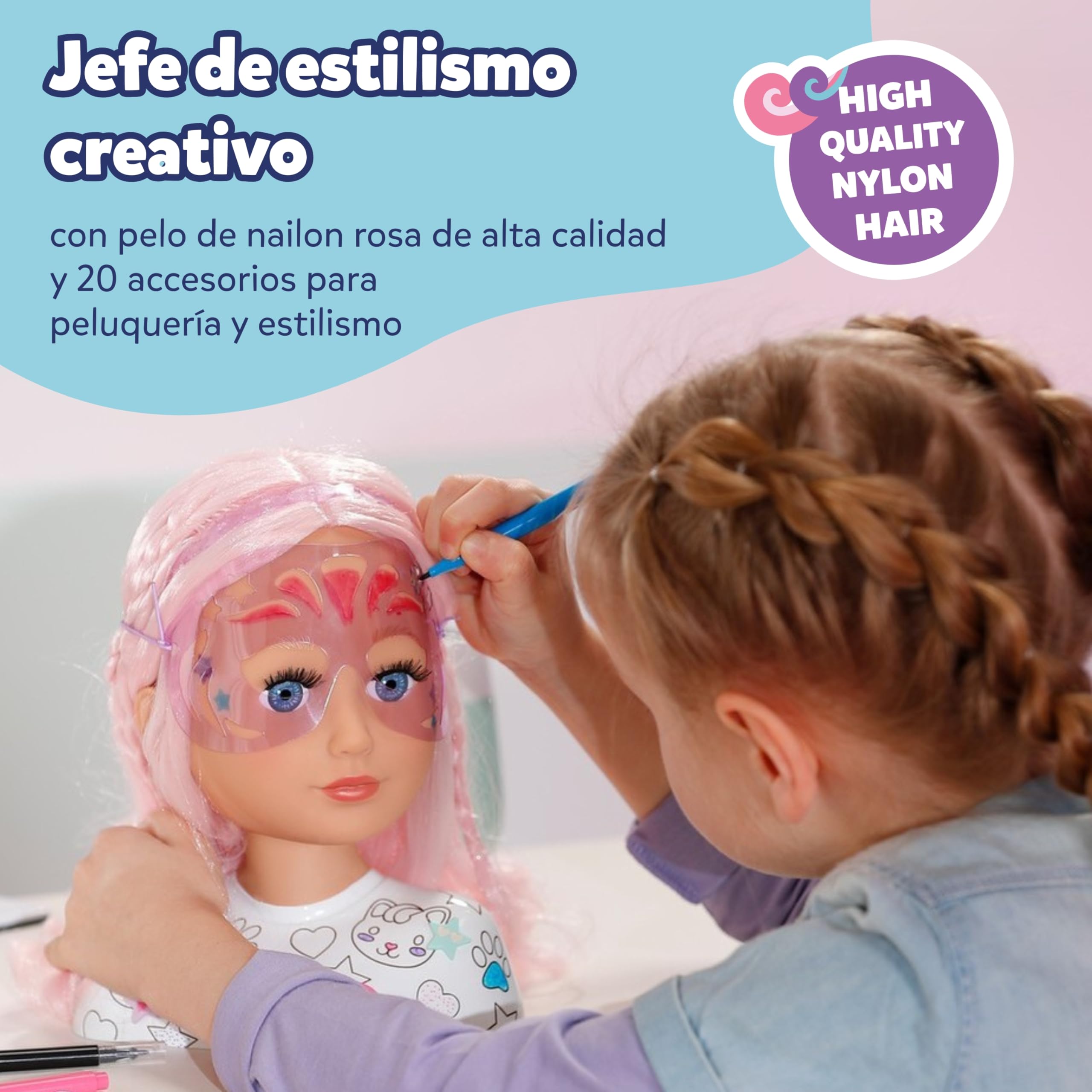Baby Born Styling Cabeza Creativa – con Pelo Rosa, rotuladores y más de 20 Accesorios. para niños a Partir de 3 años