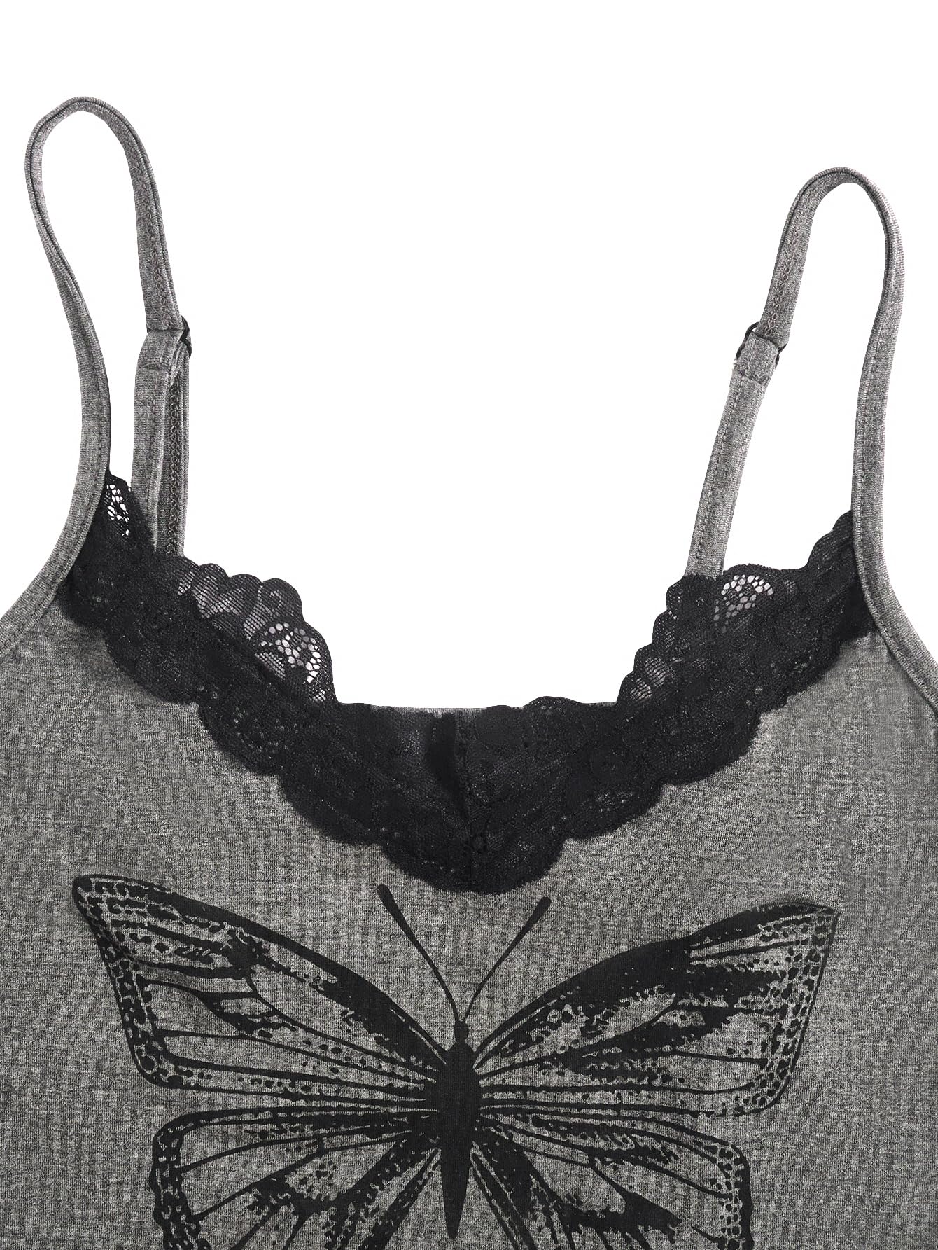 SHENHE Women's Butterfly Skull Print Contrast Lace Spaghetti Strap Sleeveless Cami Tank Crop Tops: Large Butterfly Grey