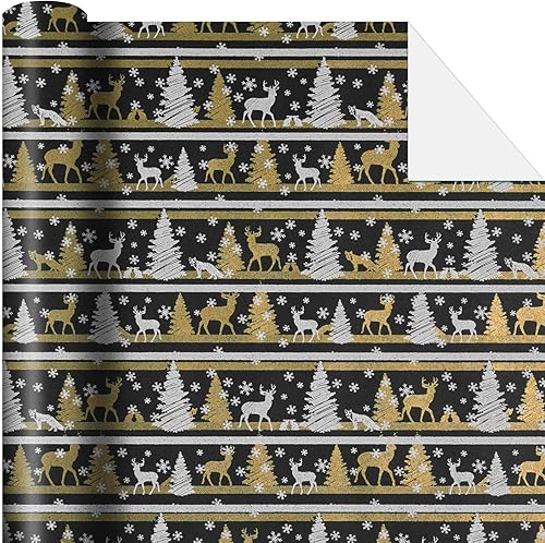 Miniatura 7 de Yarcony Papel kraft de regalo de Navidad, papel de regalo negro, árboles de Navidad de lujo, renos, copos de nieve, papel de estraza resistente