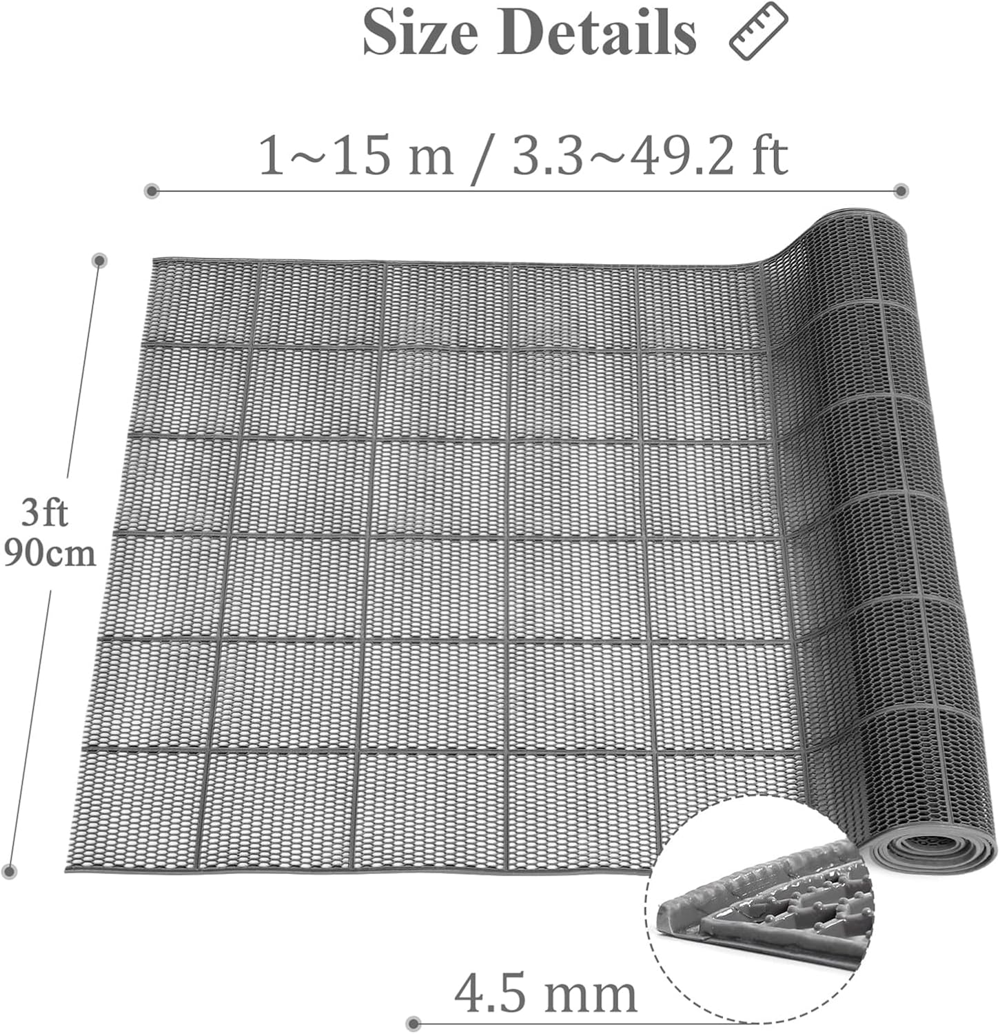 Non-Slip PVC Drainage Floor Mat, 4.5mm Thick Mesh Mat for Wet Areas, Ideal for Hallways, Garages, Pools, Bathrooms, Restaurants - Grey, 0.9x8m