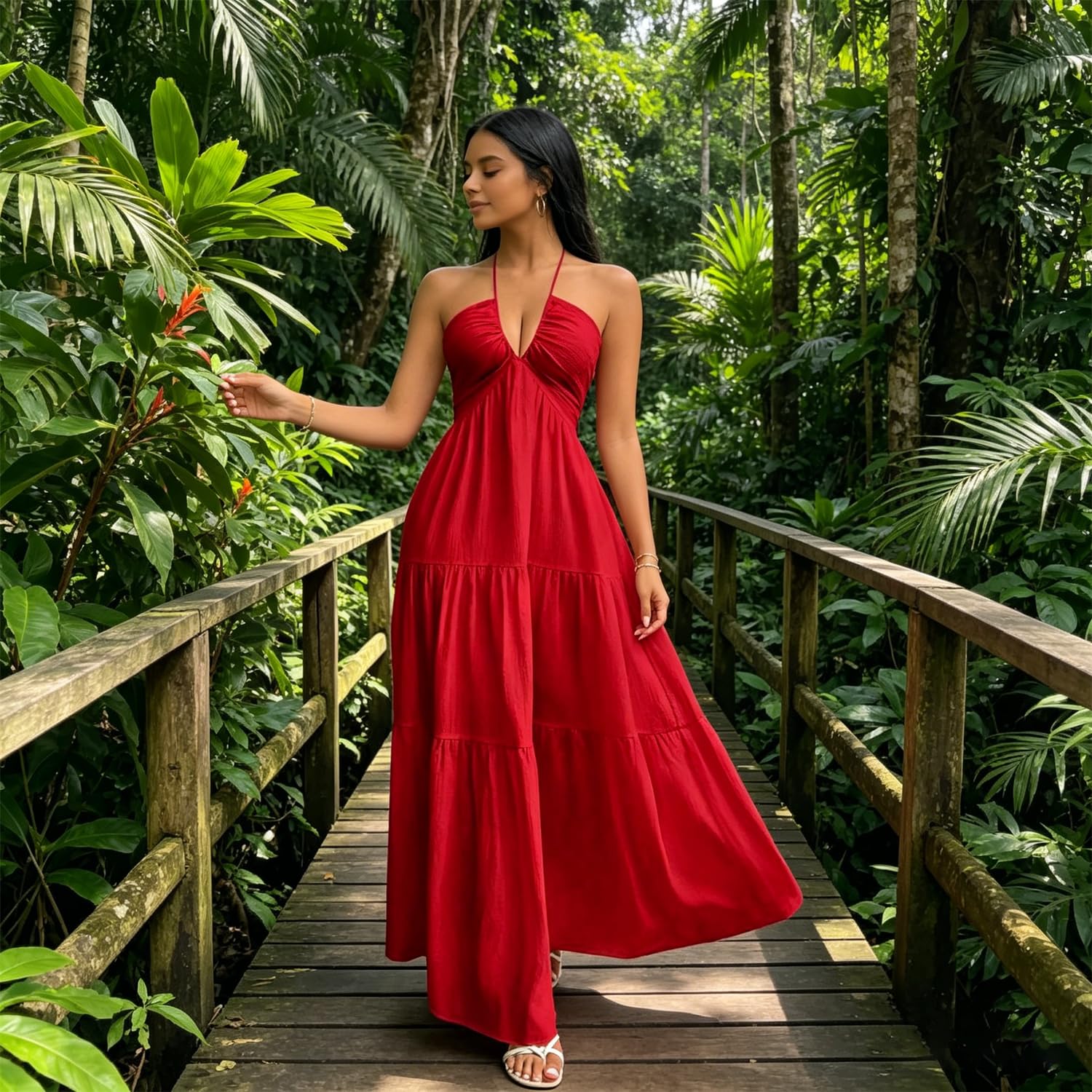 Robe Longue Femme Dos Nu à col Halter et Volants superposés – Robe d'été Fluide, décolleté en V Profond et Liens au Dos