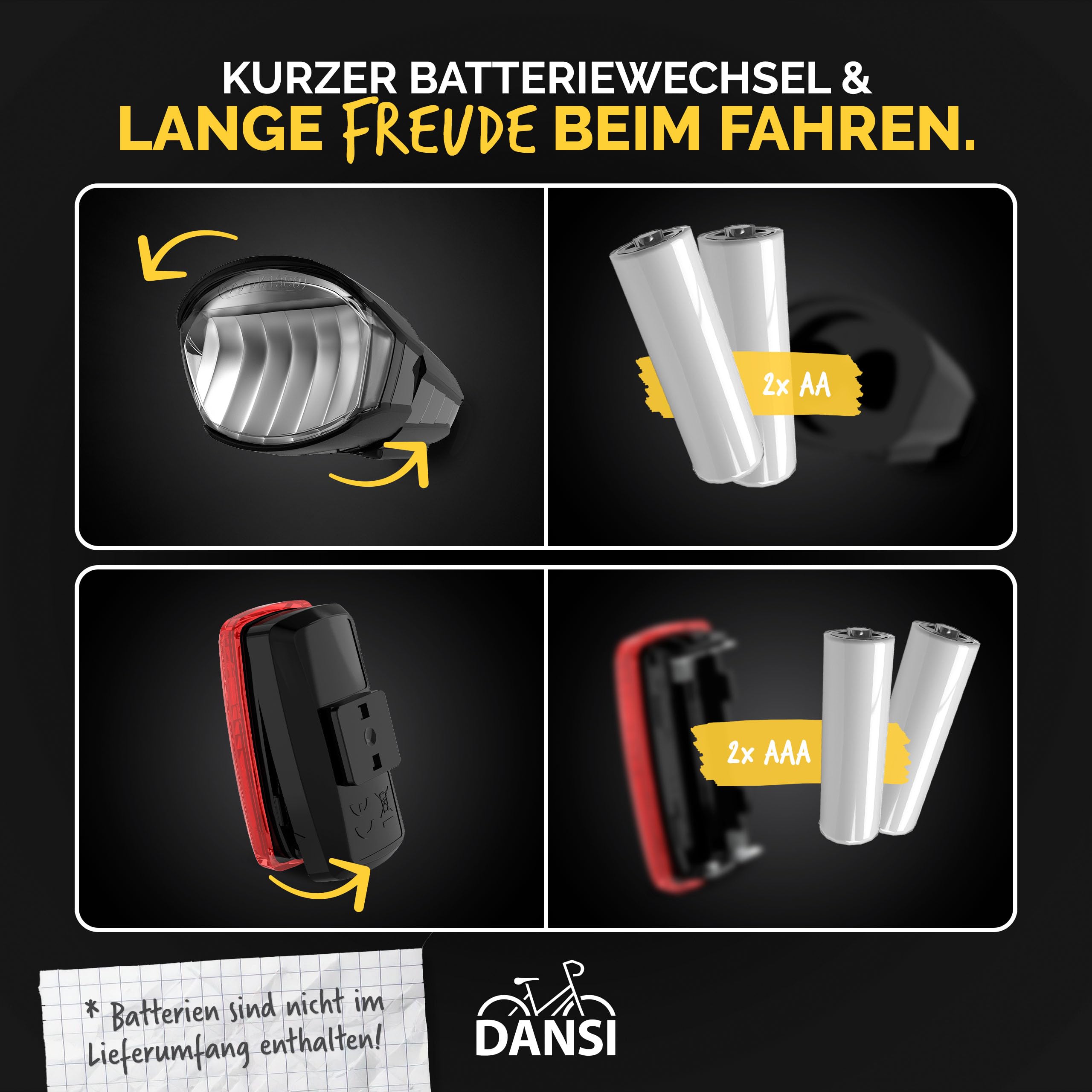 DANSI Set di luci per bicicletta StVZO I LED per bicicletta, luce anteriore chiara
