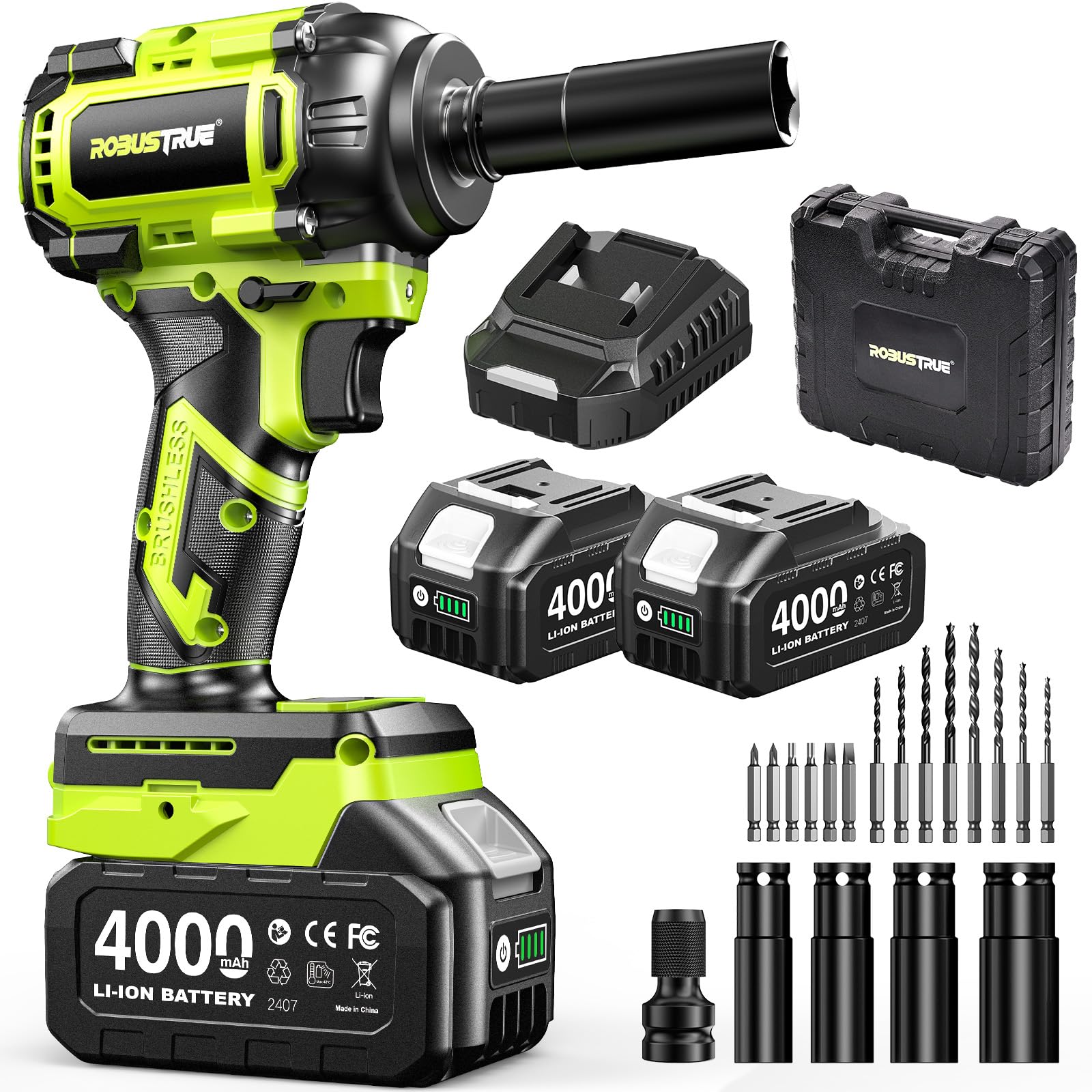 Robustrue 800 N·m Avvitatore a impulsi a batteria 1/2", motore brushless ad alta coppia, fino a 2800 giri/min, 2 batterie 4,0Ah con caricatore, 4 bussole, ideale per auto e uso domestico