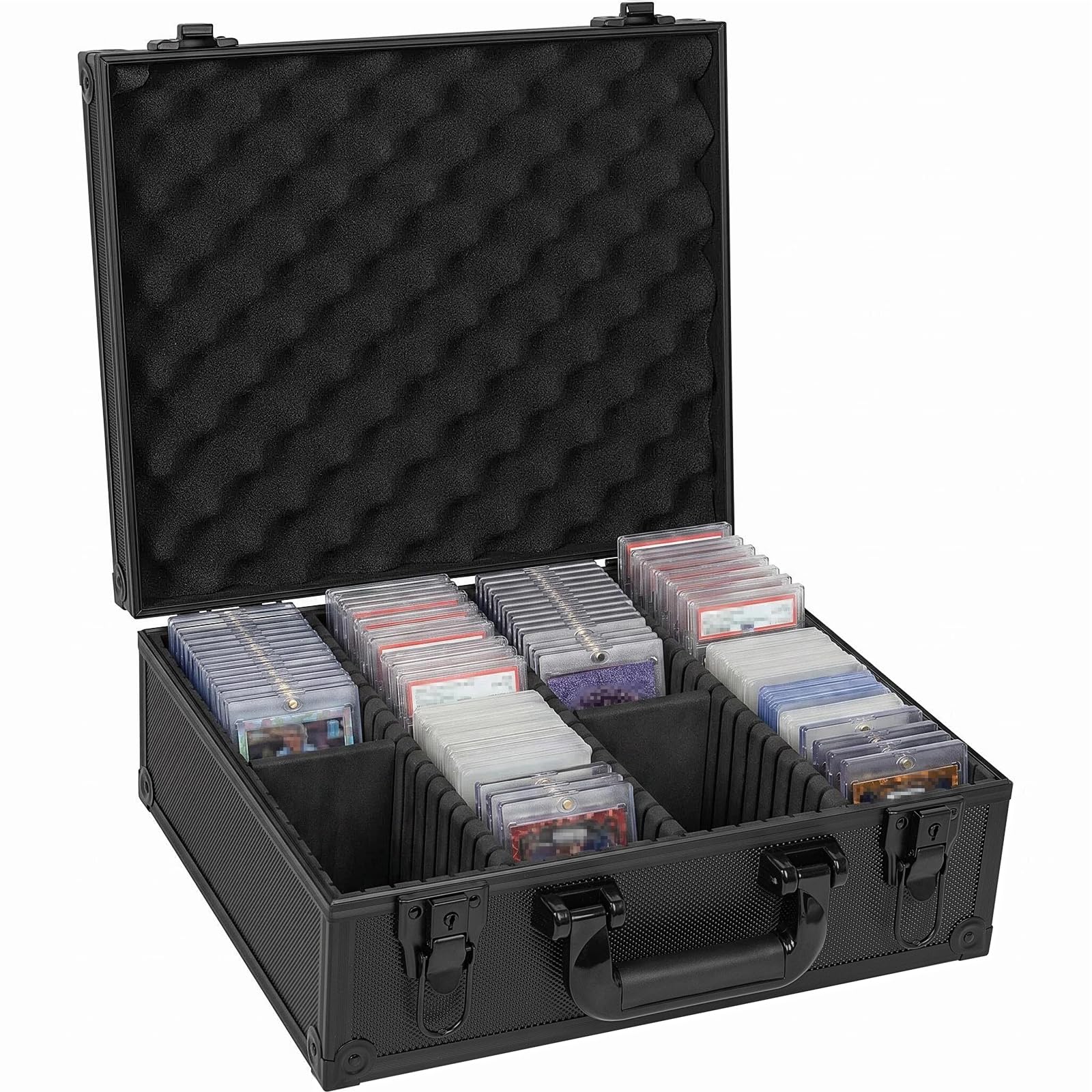 FREEAMG Toploader Storage Box with Key Locks, Trading Card Case for 3" x 4" 35pt Rigid Card, Sports Card Storage Box with 4 Partition Holds 600+ Toploaders, Magnetic Card Holders(Black)