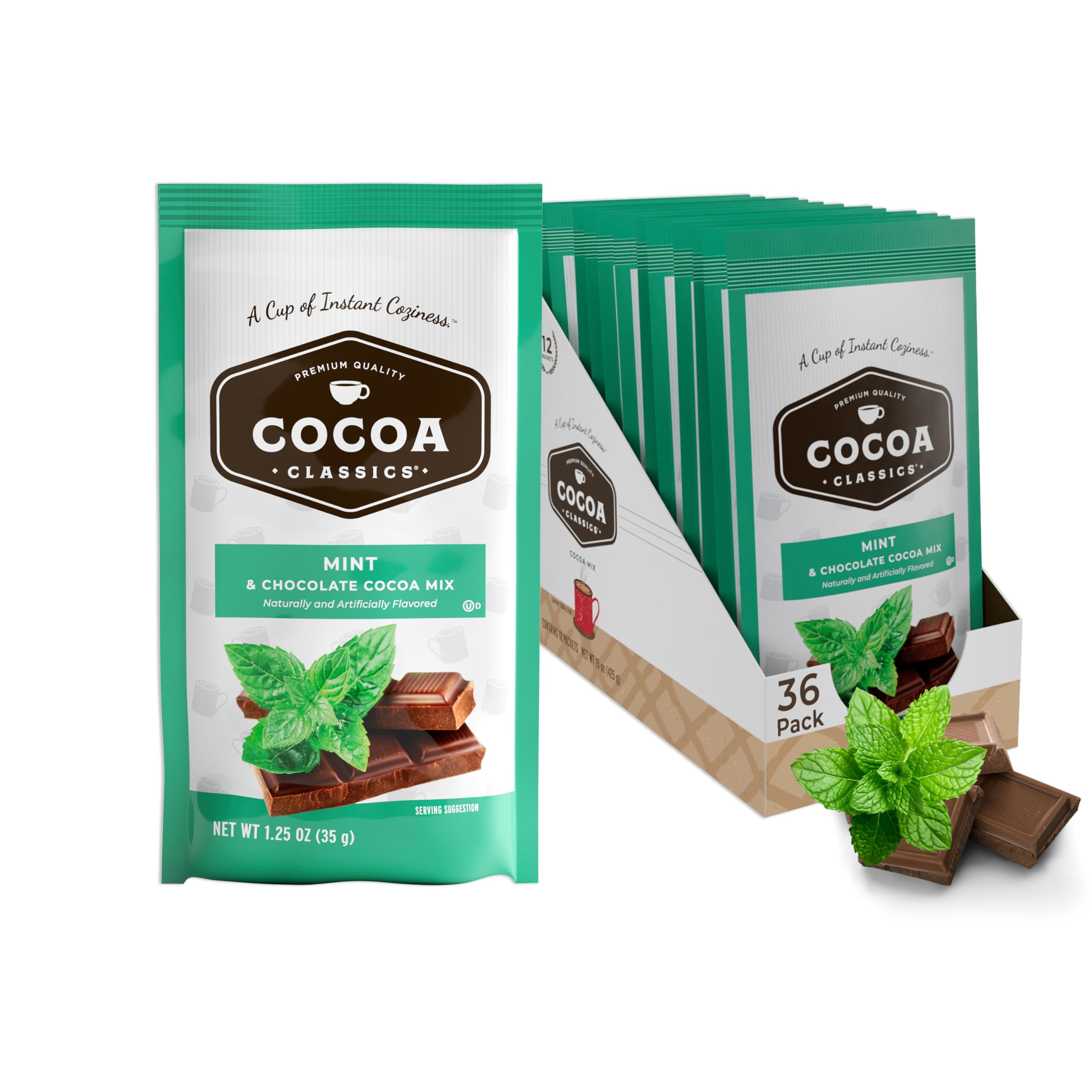 Cocoa Classics Mint Cocoa Mix, Hot Chocolate, Made with Nonfat Milk, Just Add Hot Water, Make Hot or Iced Cocoa, Gluten Free & Kosher Dairy Friendly, 1.25oz Packets (Pack of 36)
