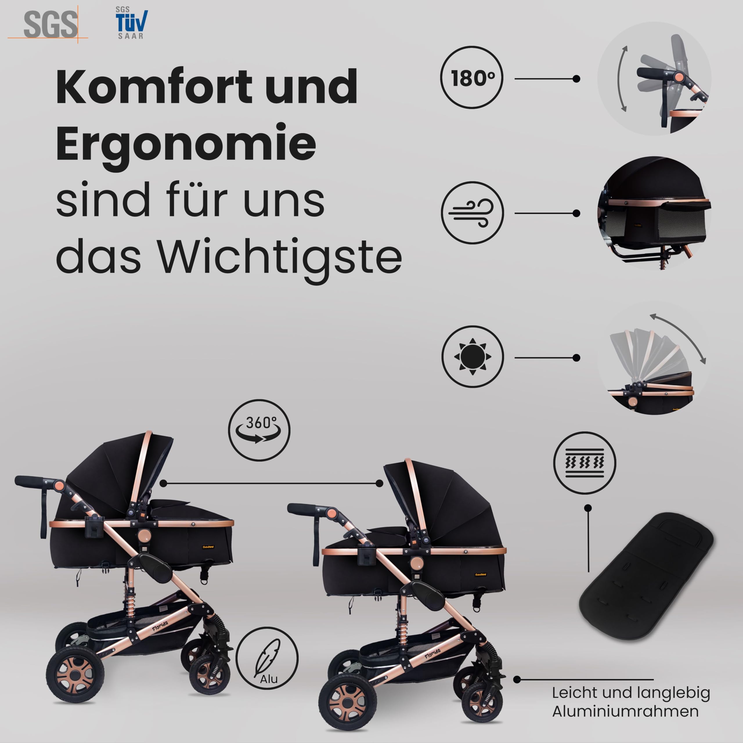 GaGaDumi Florida Kinderwagen 3 in 1 Komplettset mit Autositz - Baby Stroller TÜV - Kombikinderwagen Komplettset Voll-Gummireifen - Wickeltasche Schwarz/Schwarz