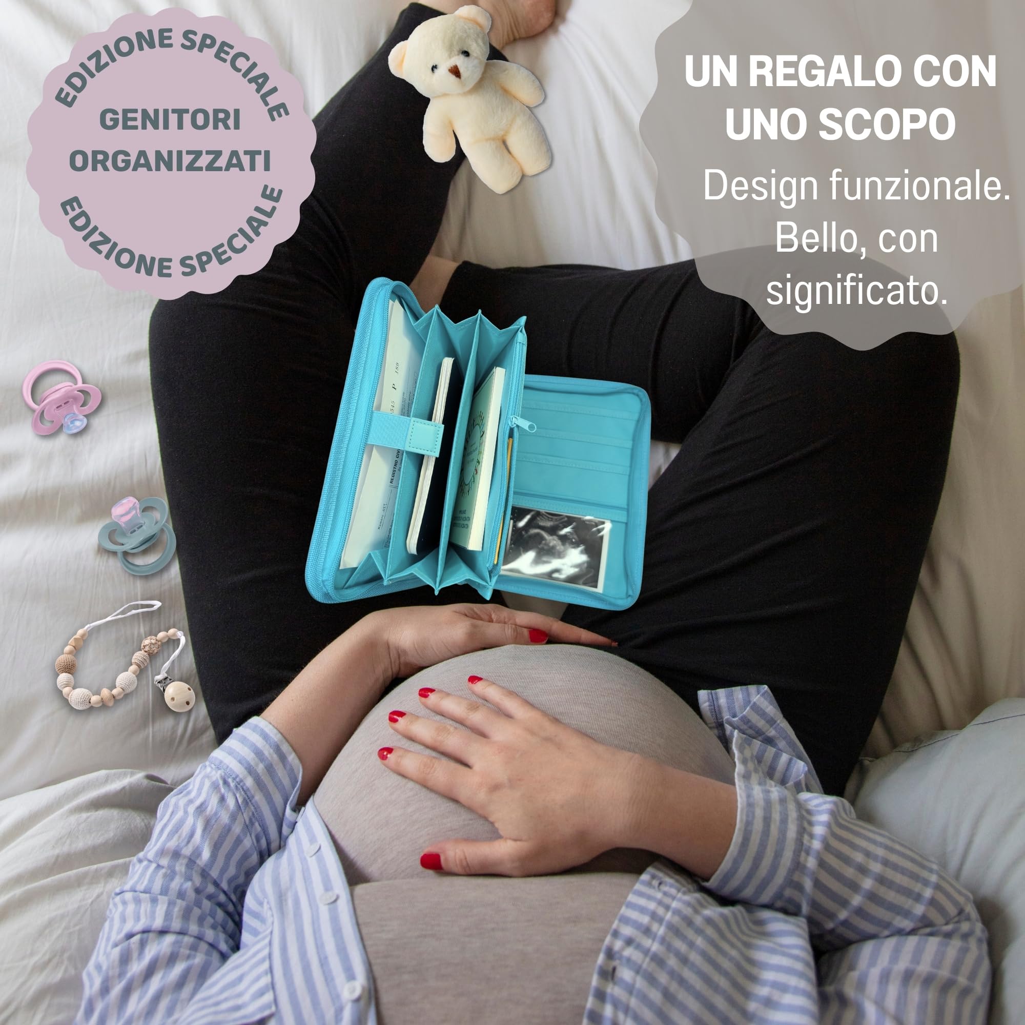 Porta documenti gravidanza e neonato – Porta libretto sanitario pediatrico, organizzazione rapida dei documenti essenziali per famiglia e viaggio – 16 scomparti, portatile – Blu Turchese 26×19×3cm