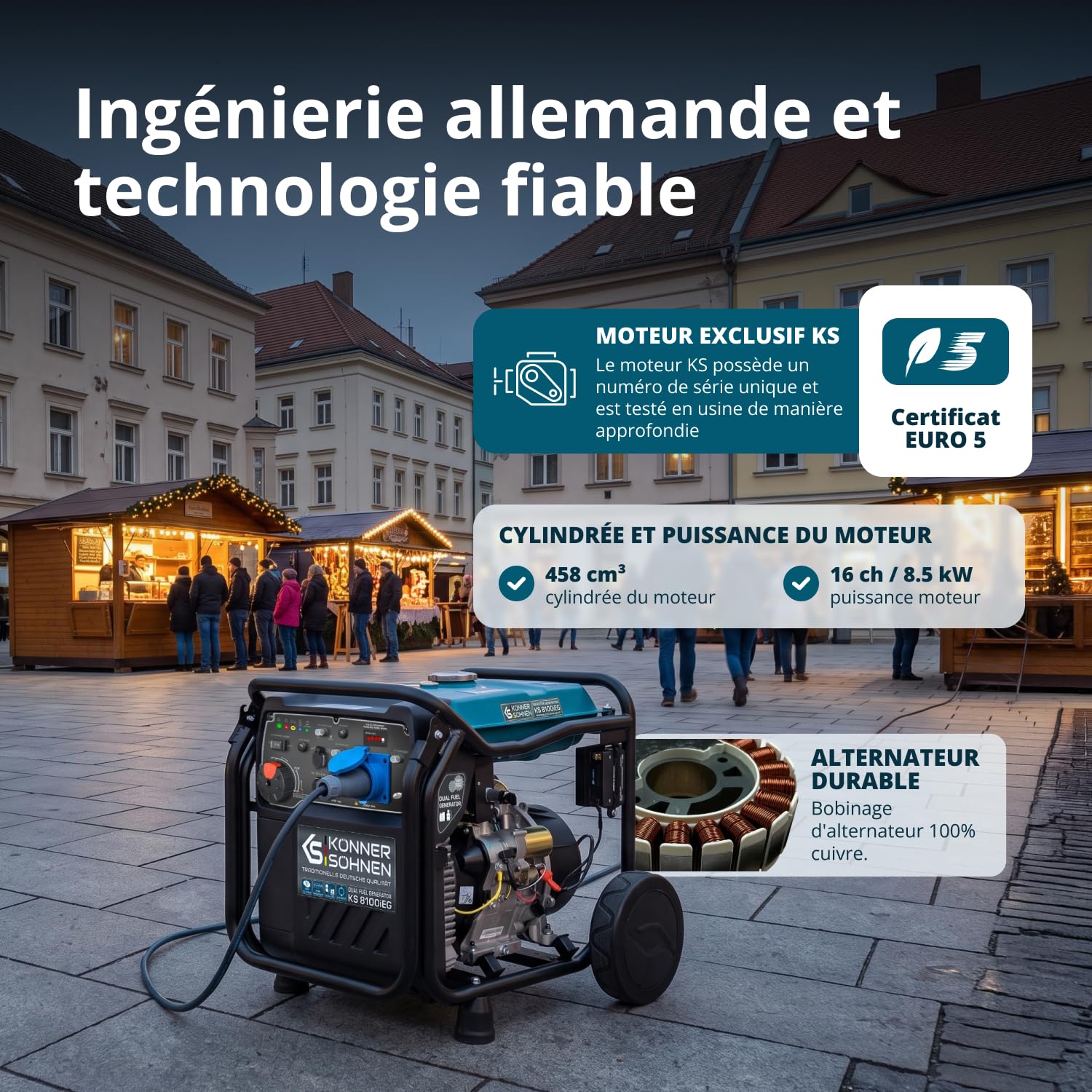 Groupe électrogène inverter à essence/gaz Könner & Söhnen KS 8100iEG, puissance maximale 8000 W, affichage LED, mode d’économie de carburant, enroulement en cuivre, EURO V. Générateur onduleur.