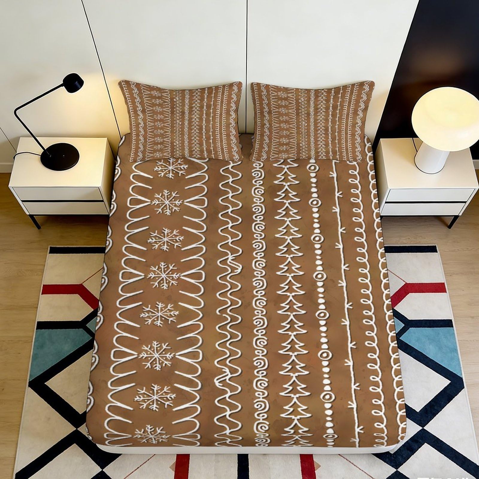 3D Printed Ethnic Geometric Fitted Sheet Microfiber Soft Breathable Tribal Stripe Bed Cover for Bedroom Dorm Decor 90x200x25cm